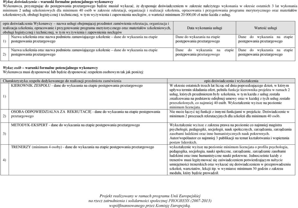 szkoleniowych, obsługi logistycznej i technicznej, w tym wyżywienia i zapewnienia noclegów, o wartości minimum 20 000,00 zł netto każda z usług.