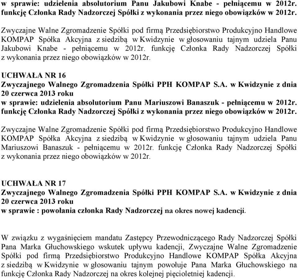 funkcję Członka Rady Nadzorczej Spółki Mariuszowi Banaszuk - pełniącemu w 2012r.