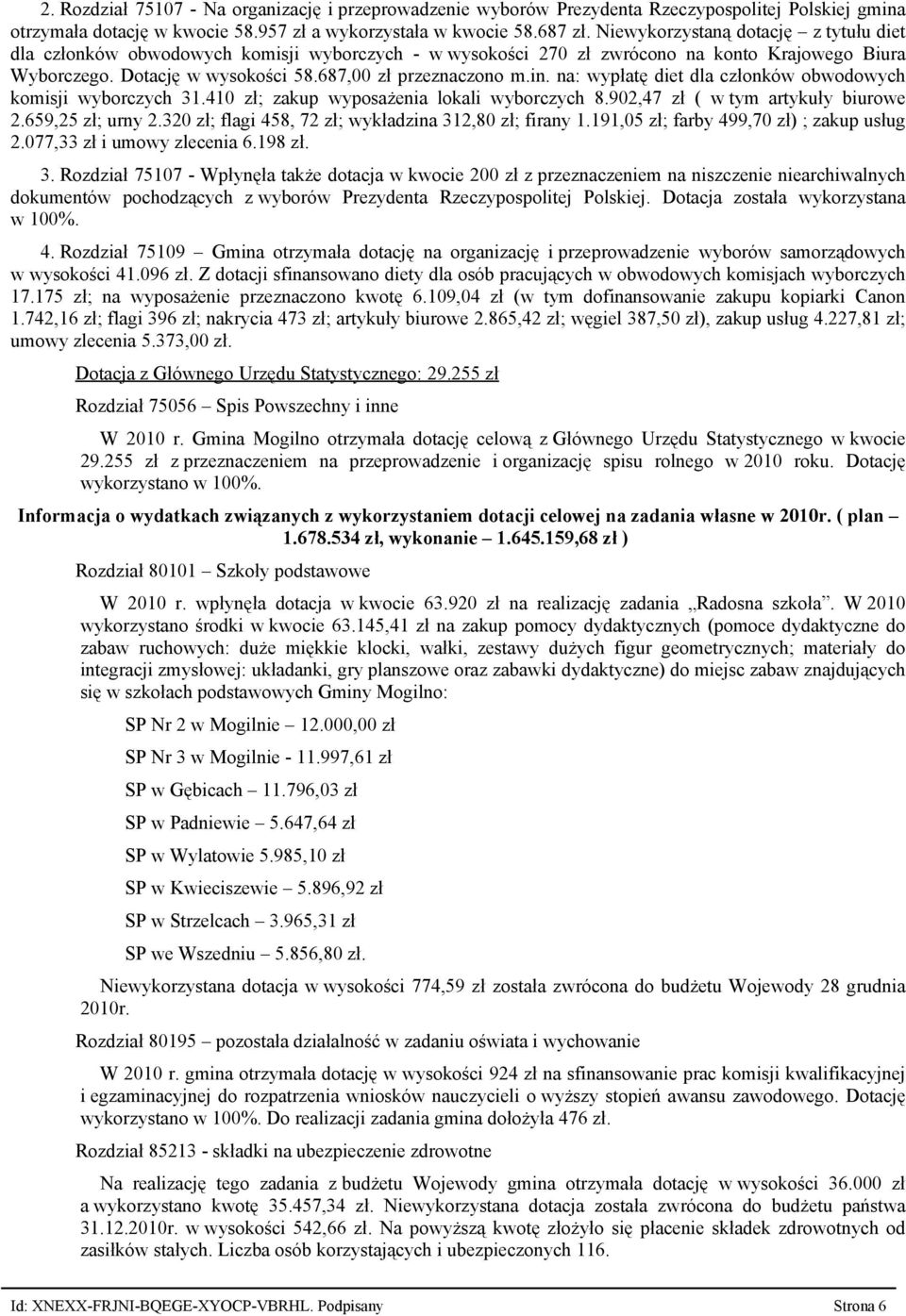 na: wypłatę diet dla członków obwodowych komisji wyborczych 31.410 zł; zakup wyposażenia lokali wyborczych 8.902,47 zł ( w tym artykuły biurowe 2.659,25 zł; urny 2.