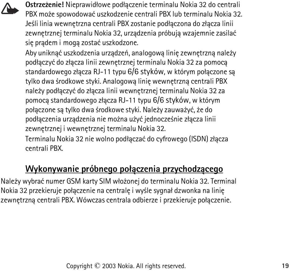 Aby unikn±æ uszkodzenia urz±dzeñ, analogow± liniê zewnêtrzn± nale y pod³±czyæ do z³±cza linii zewnêtrznej terminalu Nokia 32 za pomoc± standardowego z³±cza RJ-11 typu 6/6 styków, w którym po³±czone