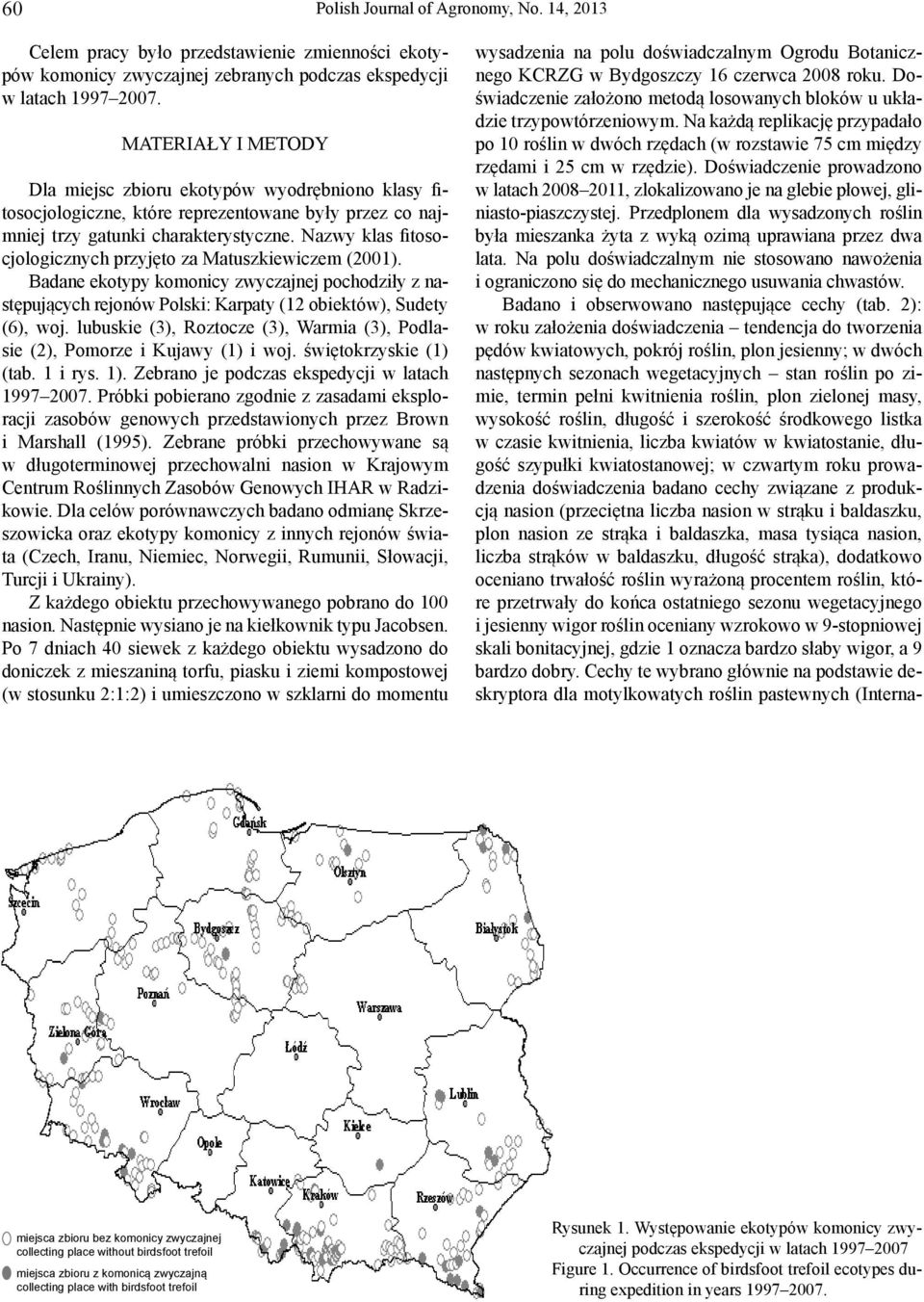 Nazwy klas fitosocjologicznych przyjęto za Matuszkiewiczem (2001). Badane ekotypy komonicy zwyczajnej pochodziły z następujących rejonów Polski: Karpaty (12 obiektów), Sudety (6), woj.