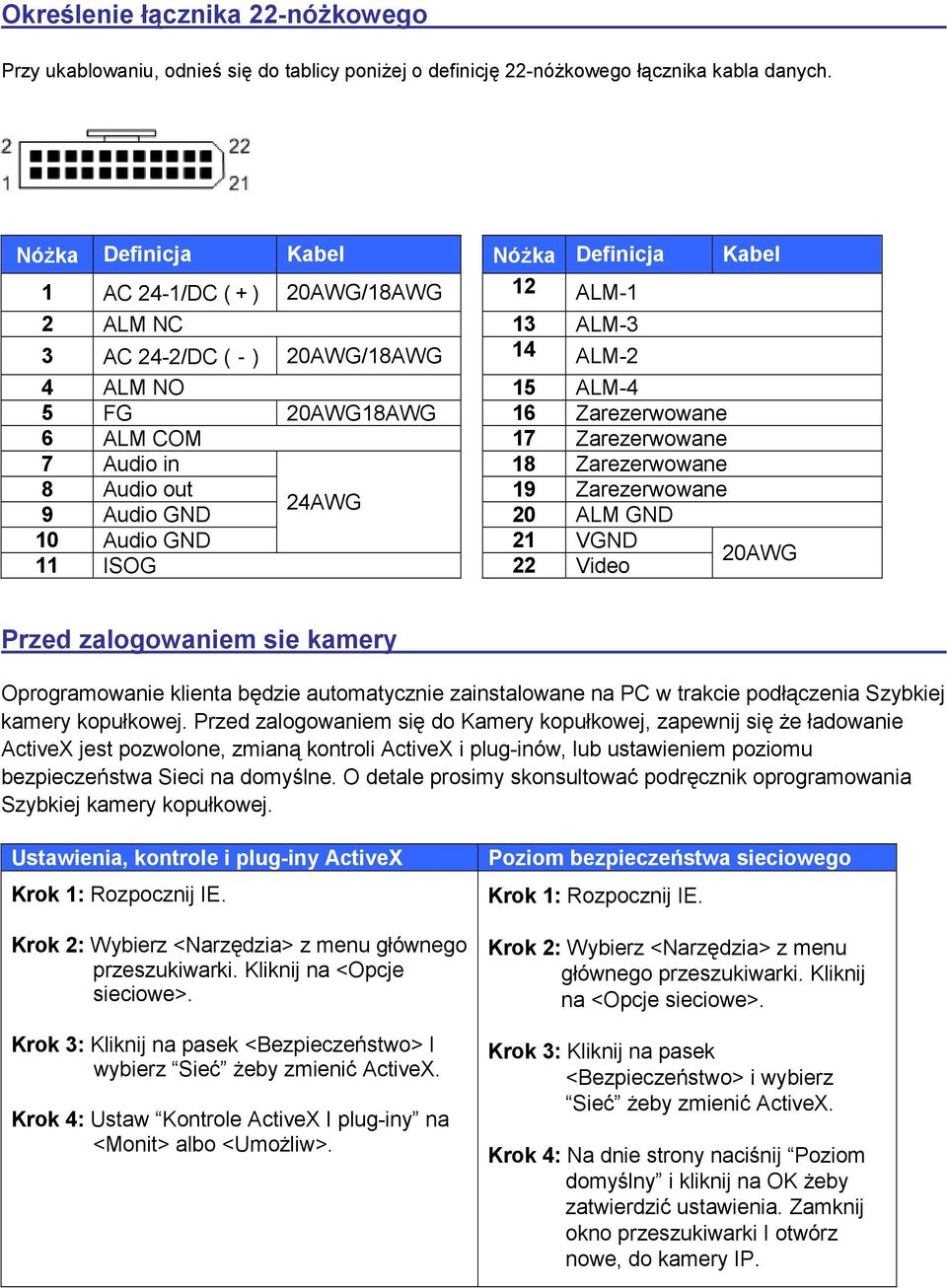 17 Zarezerwowane 7 Audio in 18 Zarezerwowane 8 Audio out 19 Zarezerwowane 24AWG 9 Audio GND 20 ALM GND 10 Audio GND 21 VGND 11 ISOG 22 Video 20AWG Przed zalogowaniem sie kamery Oprogramowanie klienta