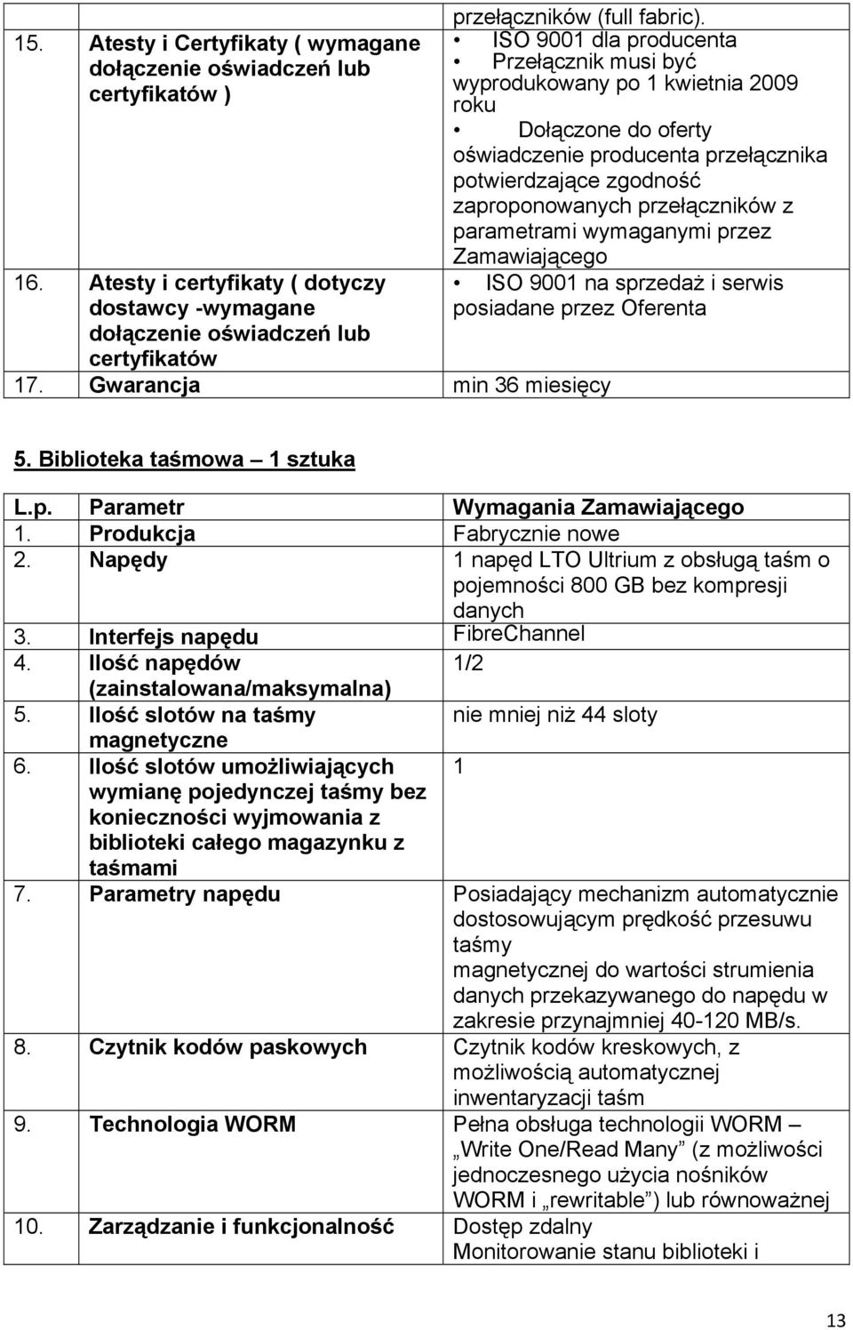 ISO 9001 dla producenta Przełącznik musi być wyprodukowany po 1 kwietnia 2009 roku Dołączone do oferty oświadczenie producenta przełącznika potwierdzające zgodność zaproponowanych przełączników z