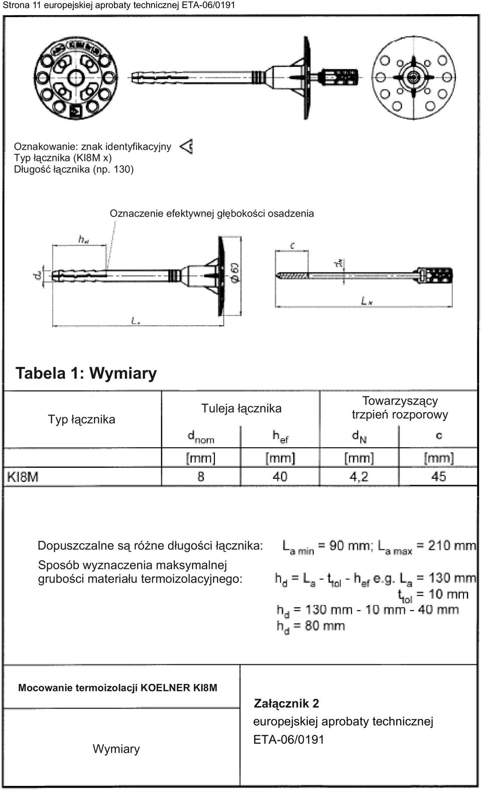 130) Oznaczenie efektywnej g³êbokoœci osadzenia Tabela 1: Wymiary Typ ³¹cznika Tuleja ³¹cznika Towarzysz¹cy