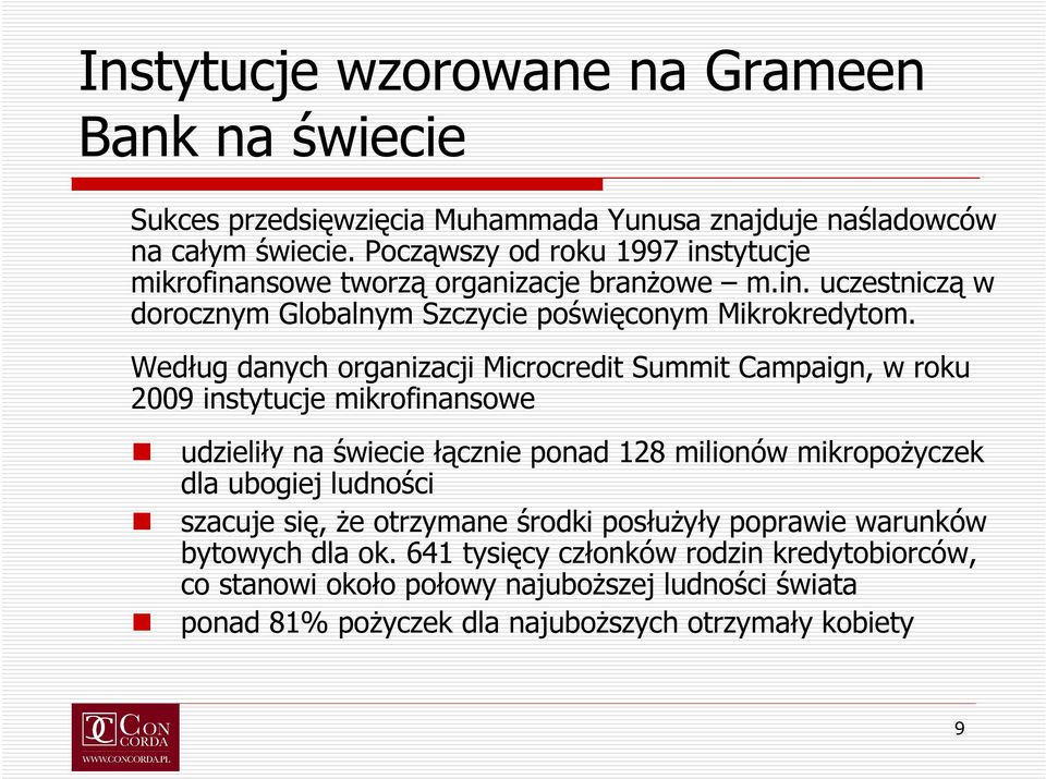 Według danych organizacji Microcredit Summit Campaign, w roku 2009 instytucje mikrofinansowe udzieliły na świecie łącznie ponad 128 milionów mikropożyczek dla ubogiej