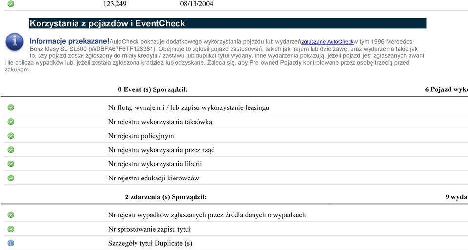 Obejmuje to zgłosił pojazd zastosowań, takich jak najem lub dzierżawę, oraz wydarzenia takie jak to, czy pojazd został zgłoszony do miały kredytu / zastawu lub duplikat tytuł wydany.