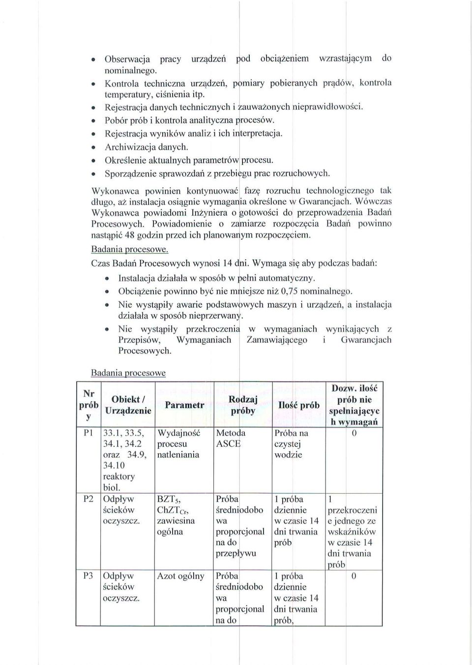 . Okreslenie aktualnych parametr6w procesu.. Sporzqdzenie sprawozdai z przebiegu prac rozrucho\\ych. Wykonawca powinicn konlynuowai lhzg rozruchu lcchdologiczncgo tak dhlgo.