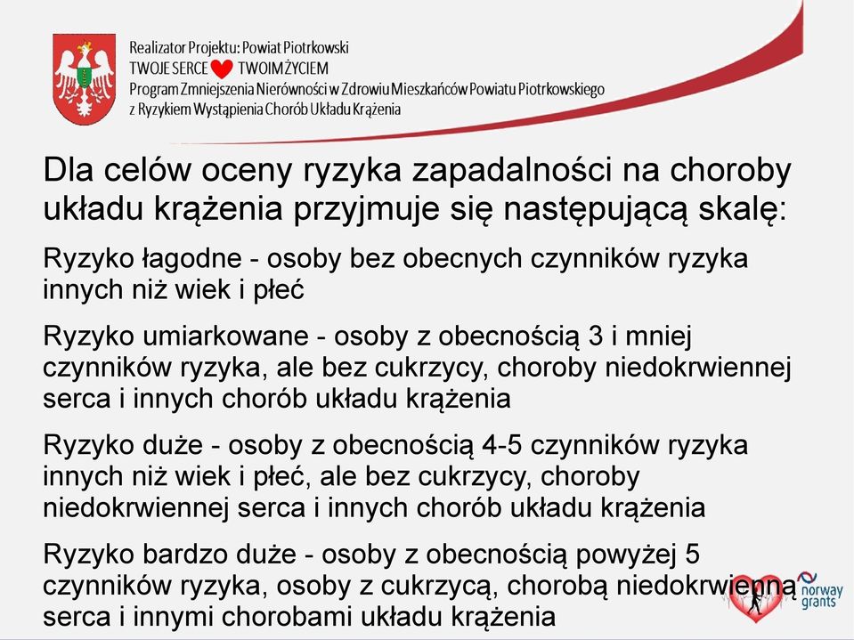 krążenia Ryzyko duże - osoby z obecnością 4-5 czynników ryzyka innych niż wiek i płeć, ale bez cukrzycy, choroby niedokrwiennej serca i innych chorób