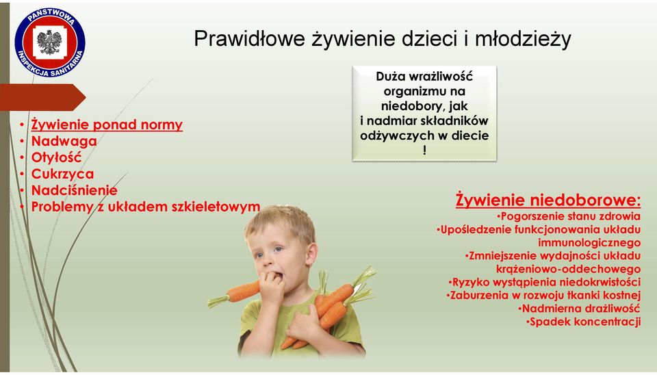 Żywienie niedoborowe: Pogorszenie stanu zdrowia Upośledzenie funkcjonowania układu immunologicznego Zmniejszenie