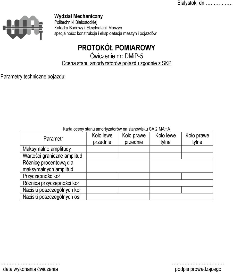 graniczne amplitud RóŜnicę procentową dla maksymalnych amplitud Przyczepność kół RóŜnica przyczepności kół Naciski poszczególnych kół Naciski poszczególnych osi