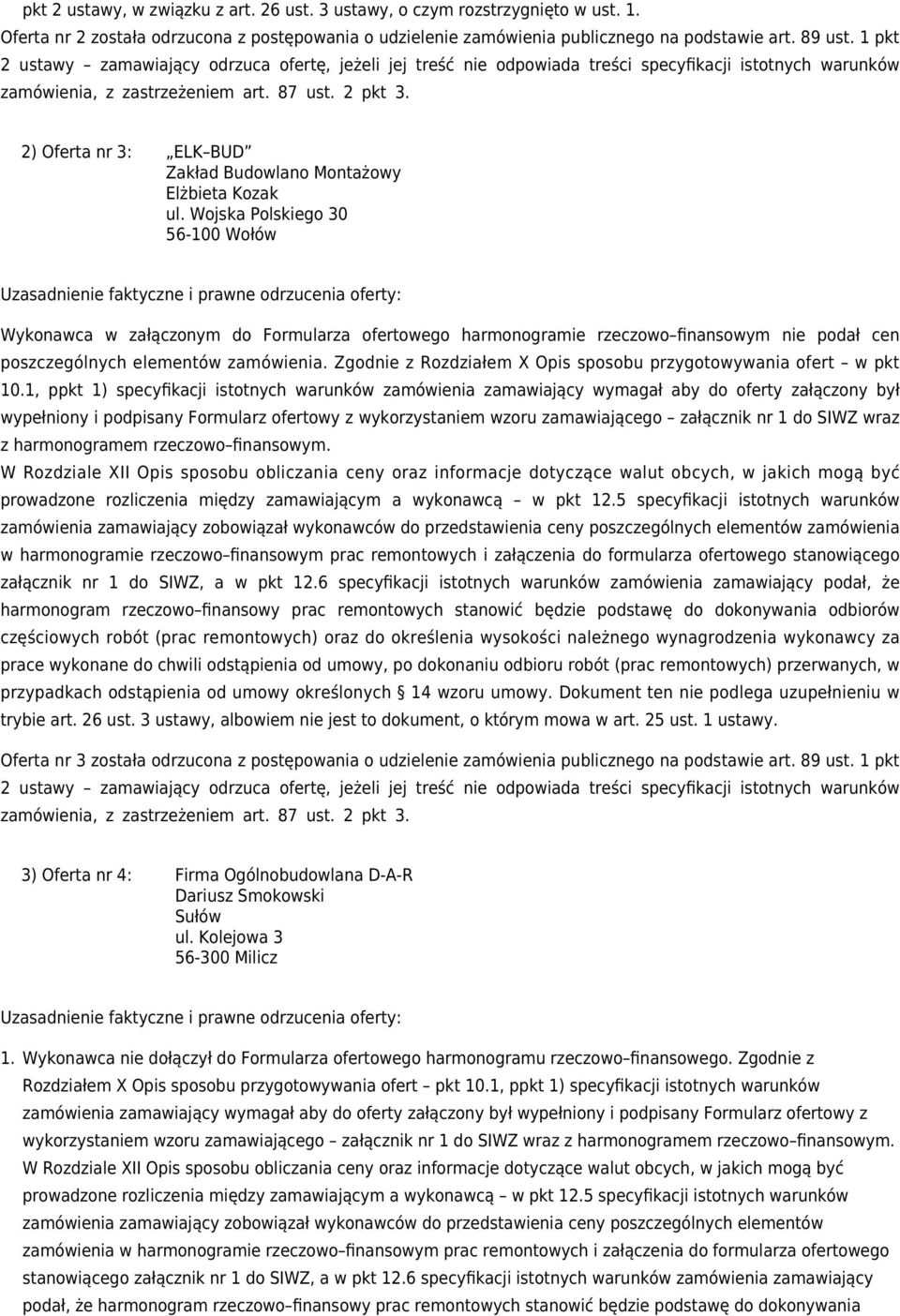 Wojska Polskiego 30 56-100 Wołów Wykonawca w załączonym do Formularza ofertowego harmonogramie rzeczowo finansowym nie podał cen poszczególnych elementów zamówienia.