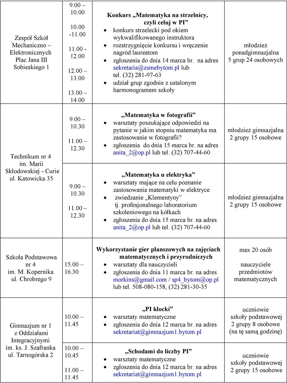 na adres sekretaria@zsmebytom.pl lub tel. (32) 281-97-63 udział grup zgodnie z ustalonym harmonogramem szkoły młodzież 5 grup 24 osobowych Technikum nr 4 im. Marii Skłodowskiej - Curie ul.