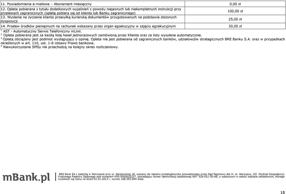 Wysłanie na życzenie klienta przesyłką kurierską dokumentów przygotowanych na podstawie złożonych dyspozycji 100,00 zł 25,00 zł 14.