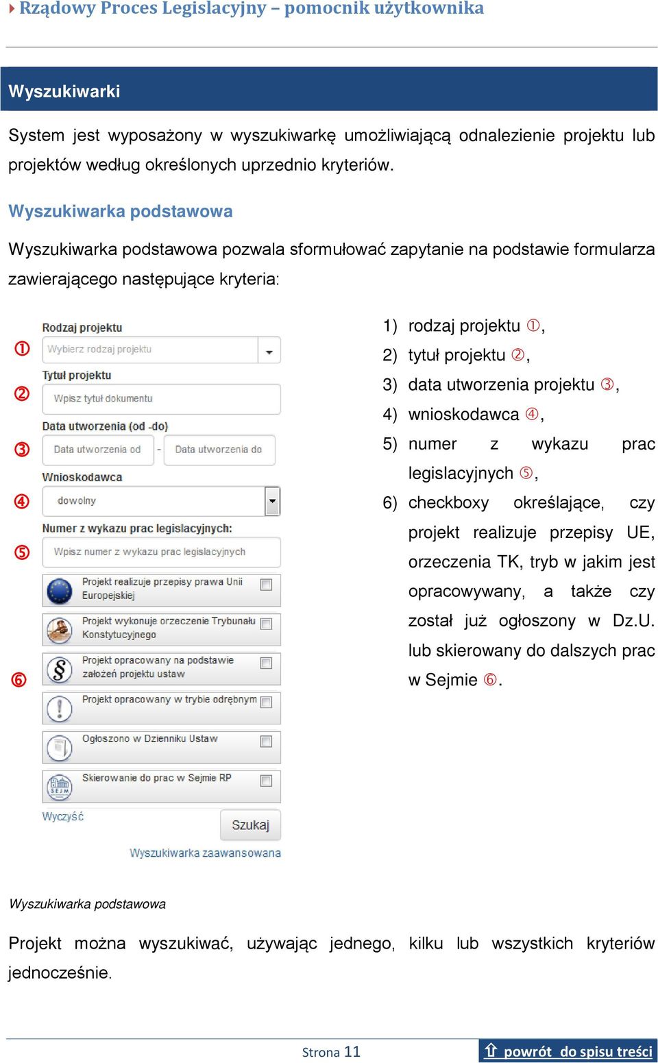 3) data utworzenia projektu, 4) wnioskodawca, 5) numer z wykazu prac legislacyjnych, 6) checkboxy określające, czy projekt realizuje przepisy UE, orzeczenia TK, tryb w jakim jest