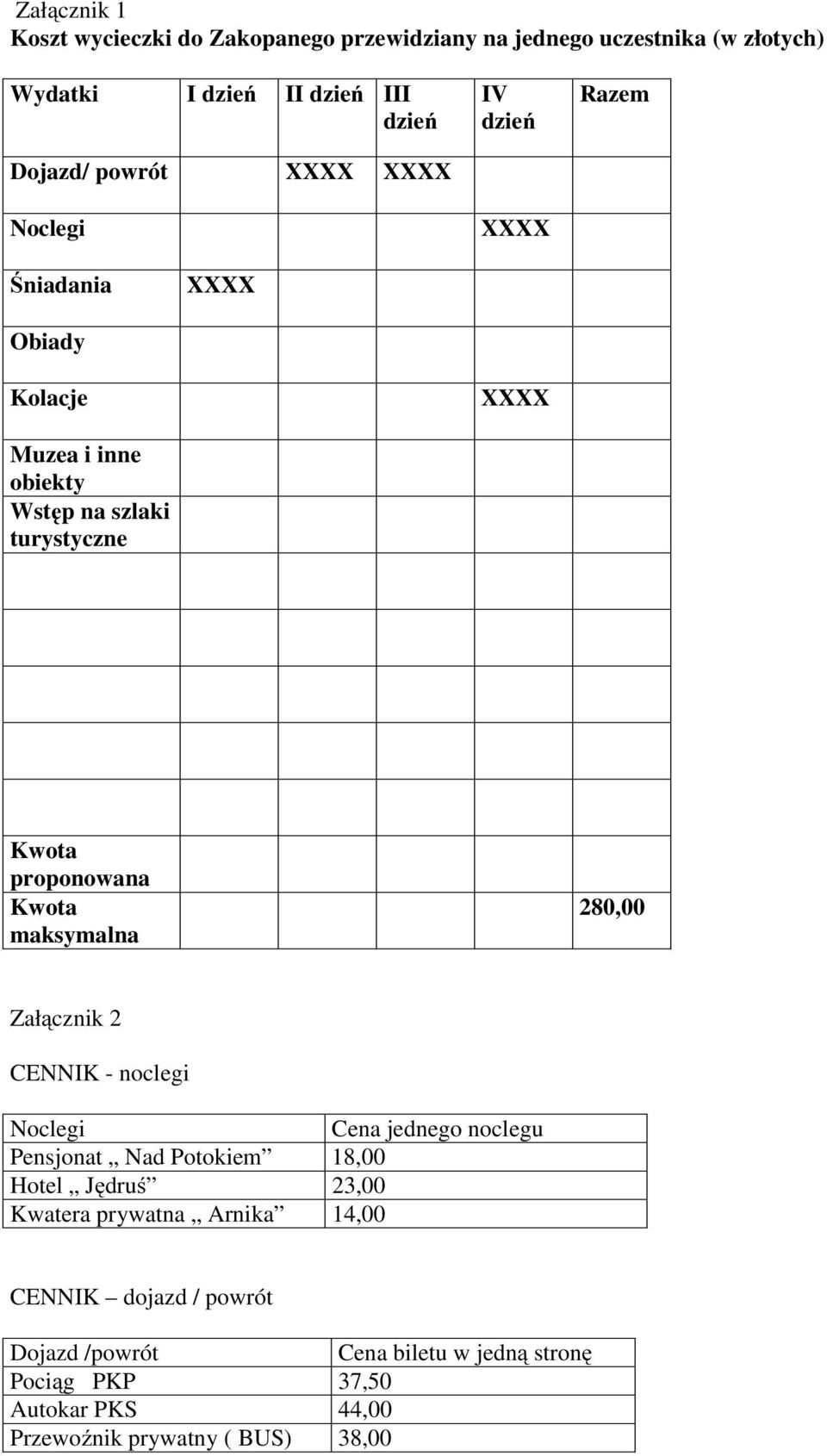 Kwota maksymalna 280,00 Załącznik 2 CENNIK - noclegi Noclegi Cena jednego noclegu Pensjonat Nad Potokiem 18,00 Hotel Jędruś 23,00 Kwatera