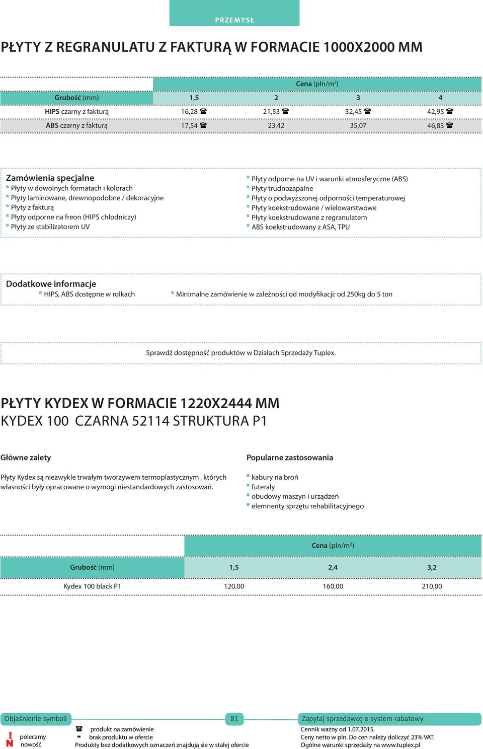 Płyty z fakturą Płyty odporne na freon (HIPS chłodniczy) Płyty ze stabilizatorem UV Płyty odporne na UV i warunki atmosferyczne (ABS) Płyty trudnozapalne Płyty o podwyższonej odporności