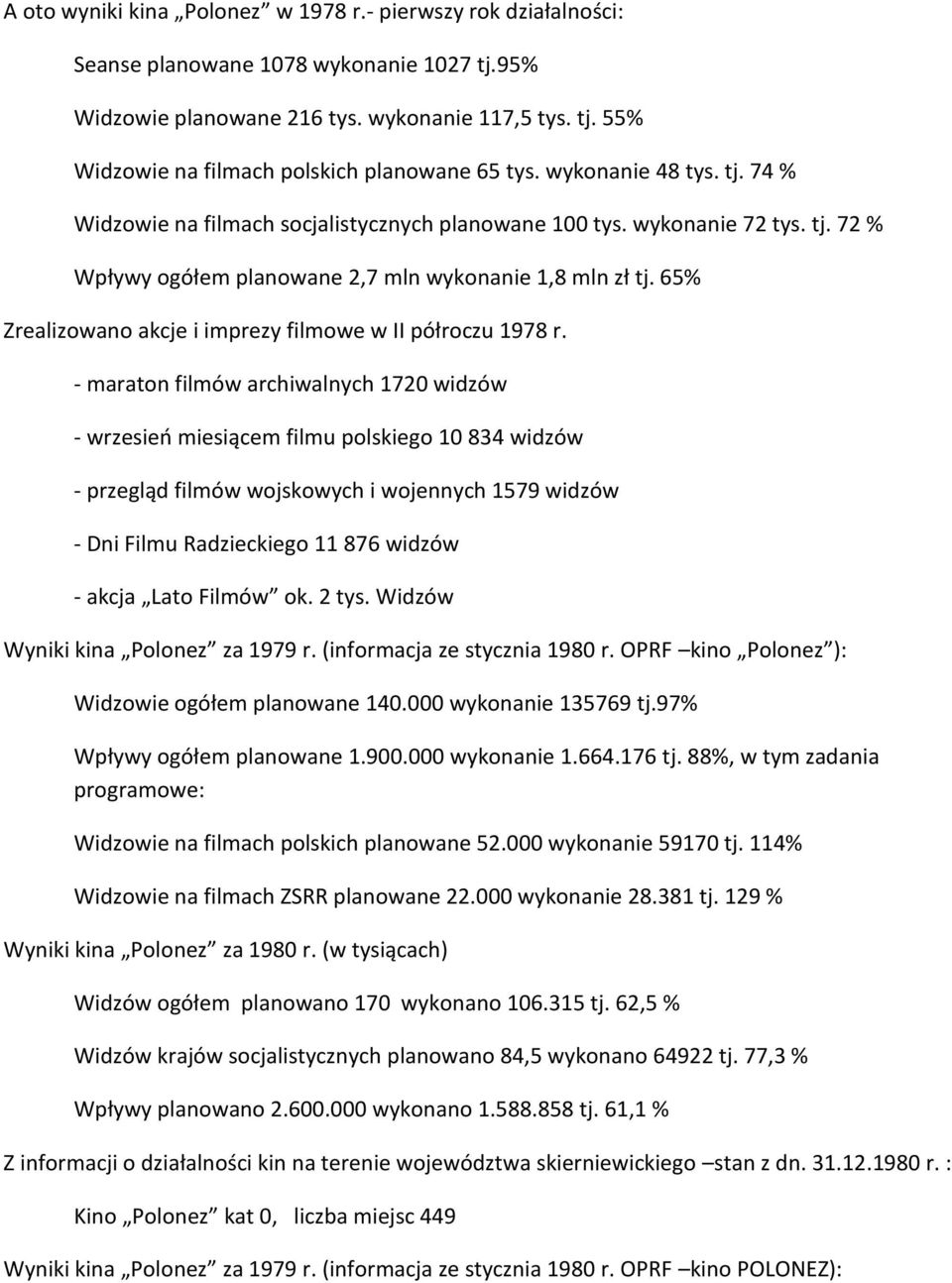 65% Zrealizowano akcje i imprezy filmowe w II półroczu 1978 r.