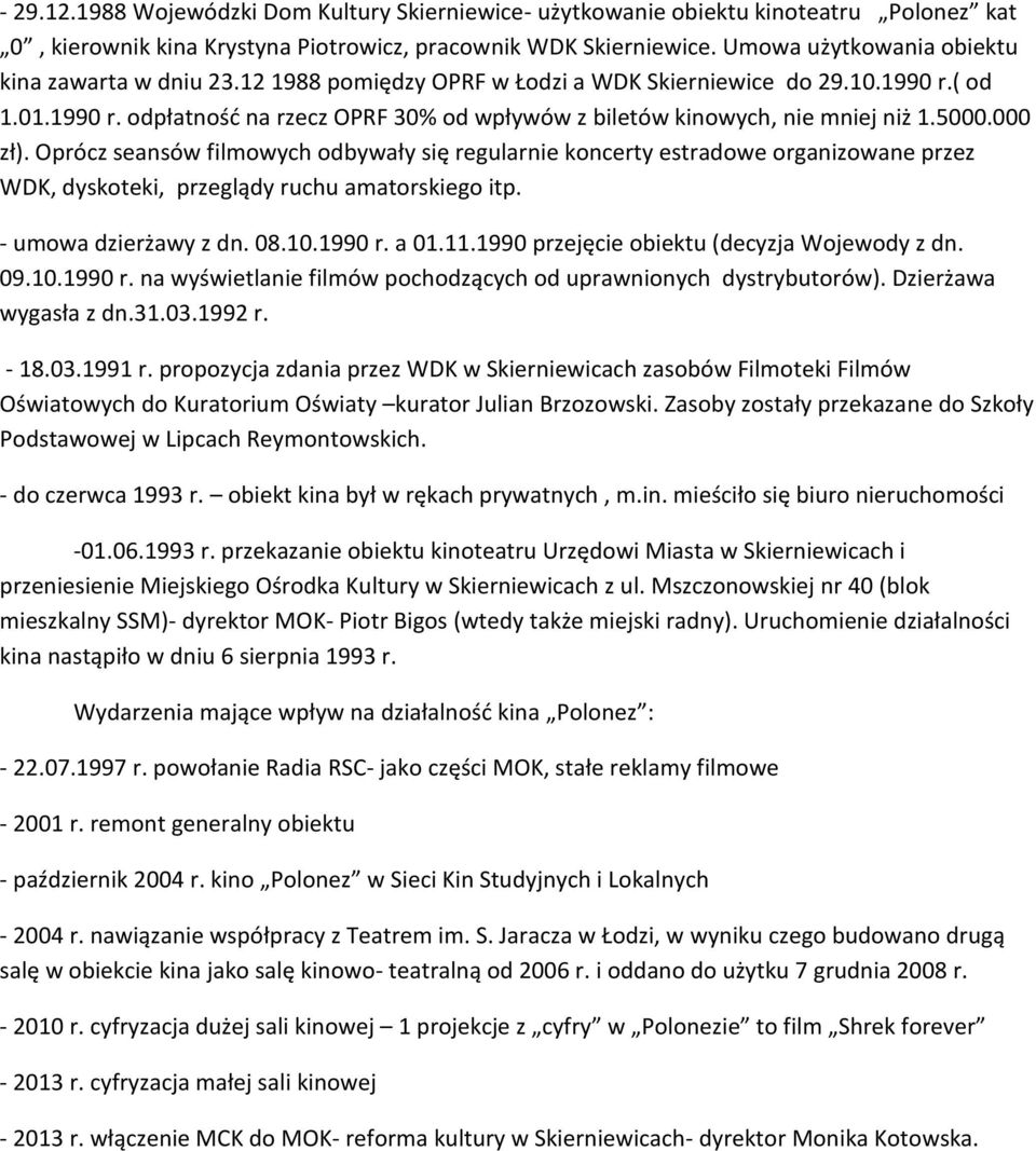 5000.000 zł). Oprócz seansów filmowych odbywały się regularnie koncerty estradowe organizowane przez WDK, dyskoteki, przeglądy ruchu amatorskiego itp. - umowa dzierżawy z dn. 08.10.1990 r. a 01.11.