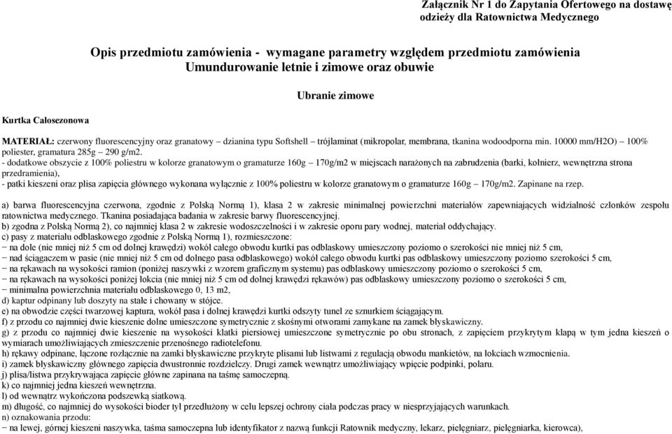 10000 mm/h2o) 100% - dodatkowe obszycie z 100% poliestru w kolorze granatowym o gramaturze 160g 170g/m2 w miejscach narażonych na zabrudzenia (barki, kołnierz, wewnętrzna strona przedramienia), -