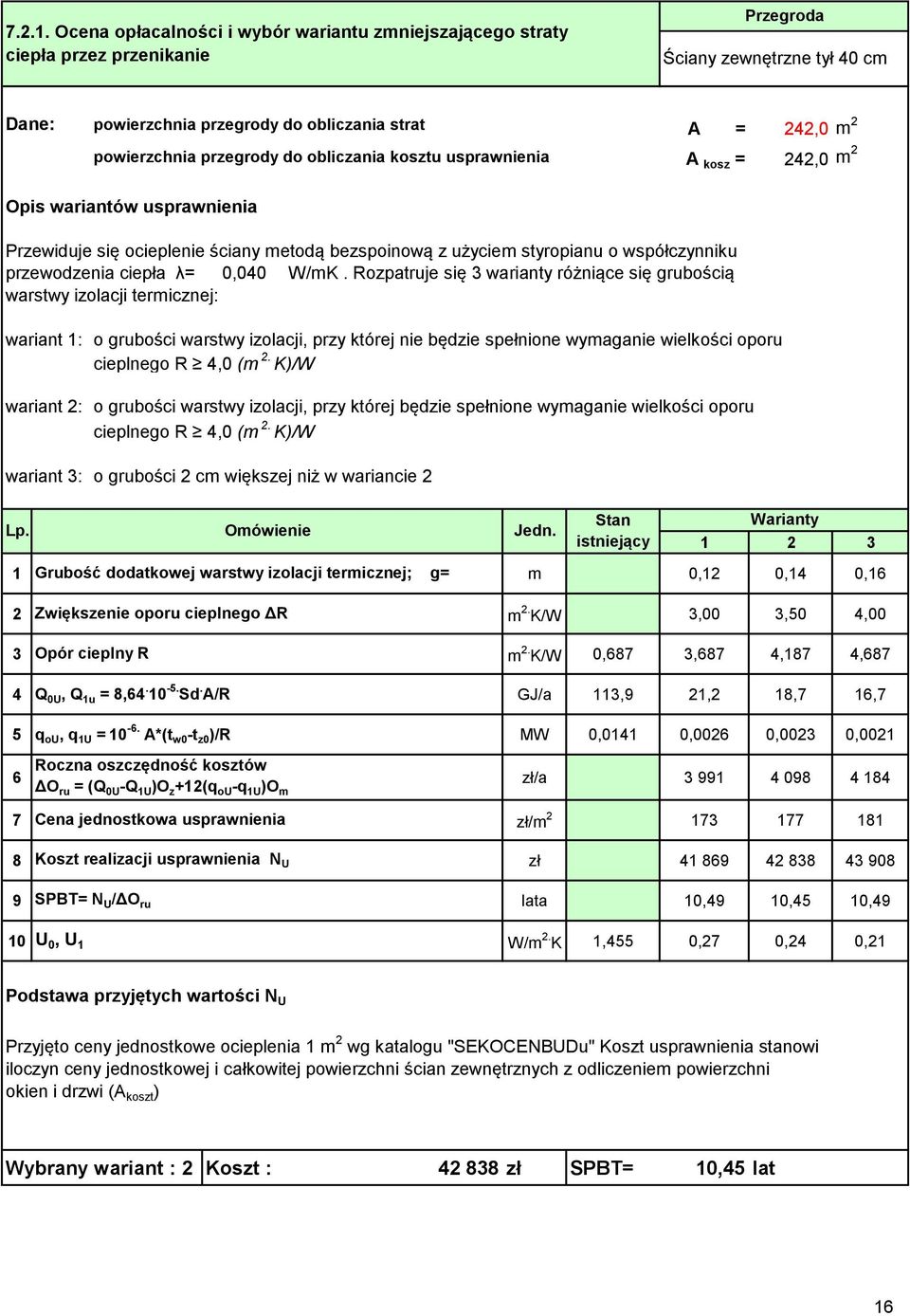 przegrody do obliczania kosztu usprawnienia A kosz = 242,0 m 2 Opis wariantów usprawnienia Przewiduje się ocieplenie ściany metodą bezspoinową z użyciem styropianu o współczynniku przewodzenia ciepła