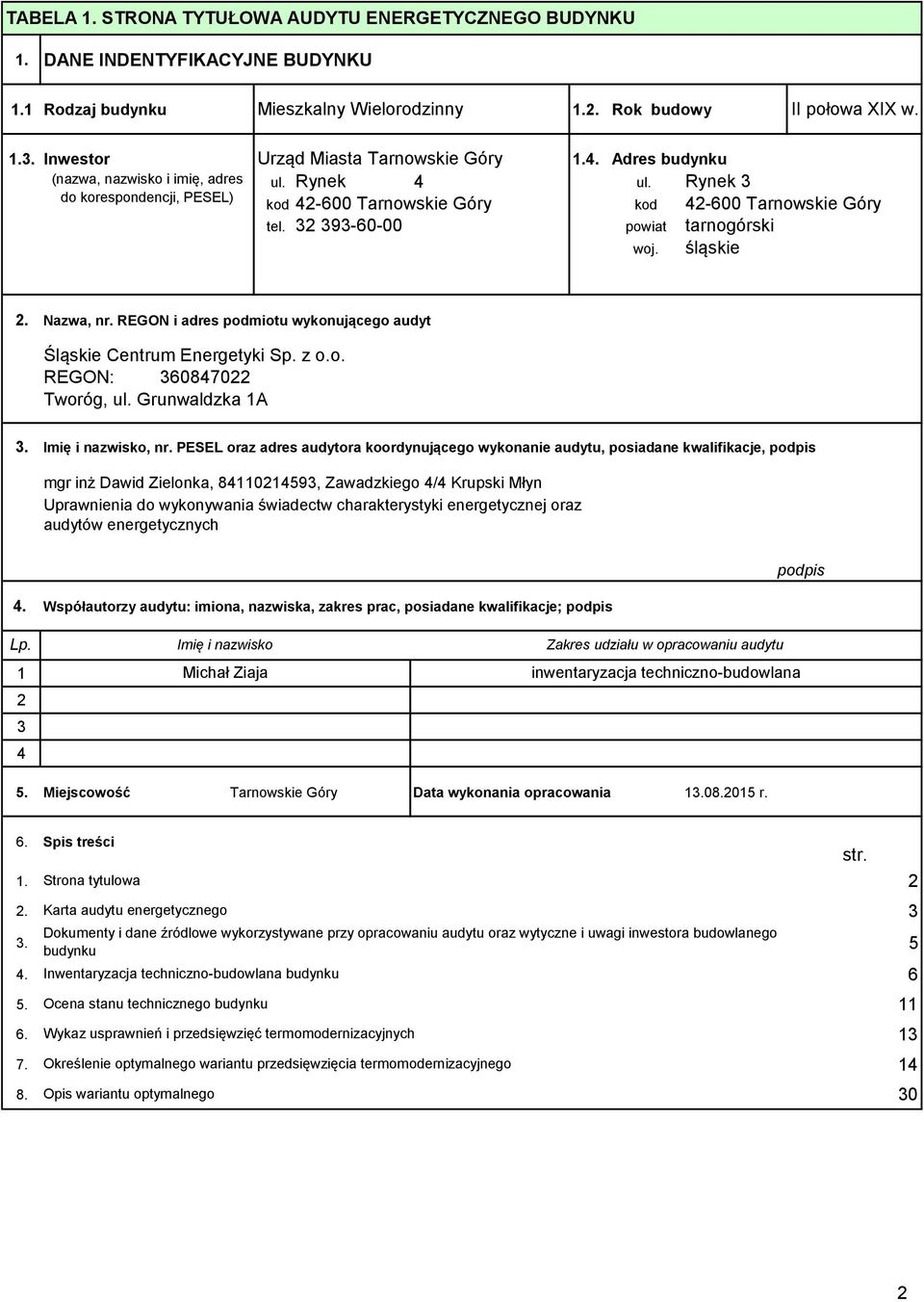 32 393-60-00 powiat tarnogórski woj. śląskie 2. Nazwa, nr. REGON i adres podmiotu wykonującego audyt Śląskie Centrum Energetyki Sp. z o.o. REGON: 360847022 Tworóg, ul. Grunwaldzka 1A 3.