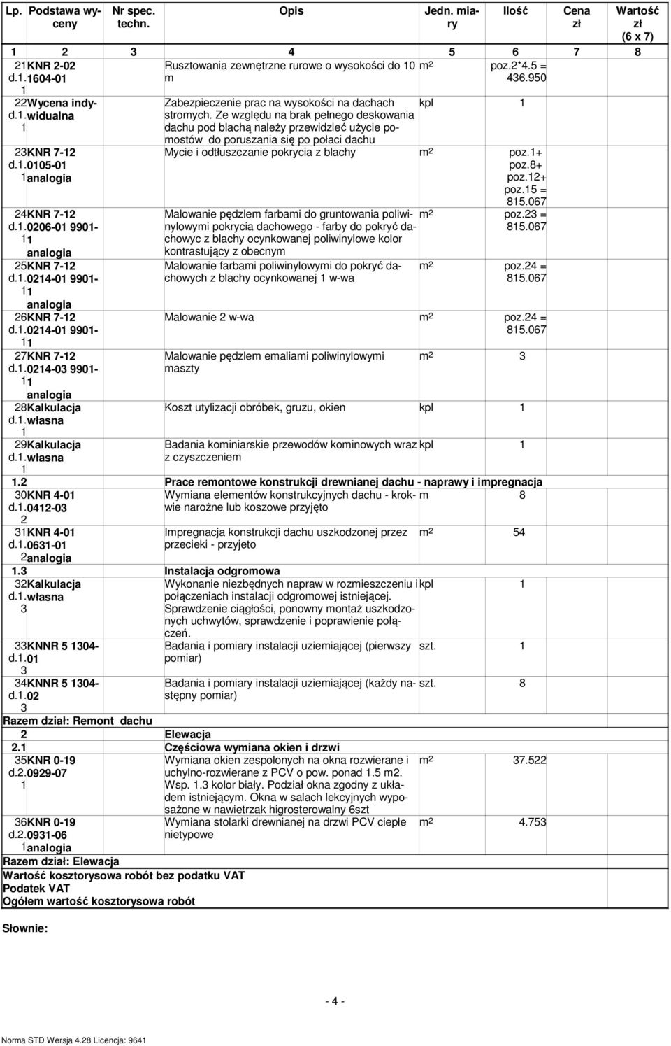 Ze względu na brak pełnego deskowania dachu pod blachą należy przewidzieć użycie pomostów do poruszania się po połaci dachu 23KNR 7-2 d.. 005-0 analogia Mycie i odtłuszczanie pokrycia z blachy m 2 poz.