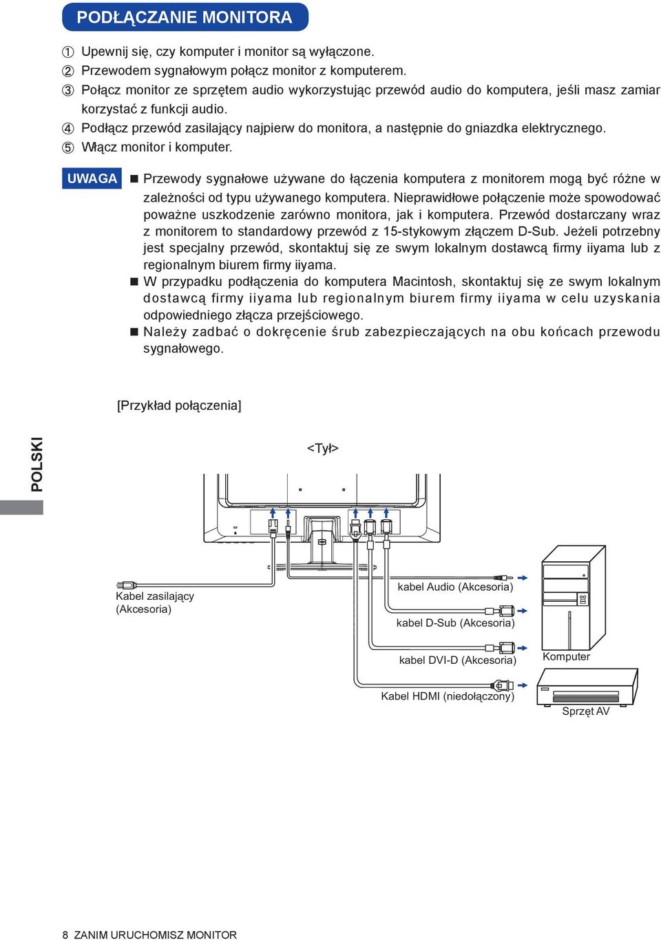 Podłącz przewód zasilający najpierw do monitora, a następnie do gniazdka elektrycznego. Włącz monitor i komputer.