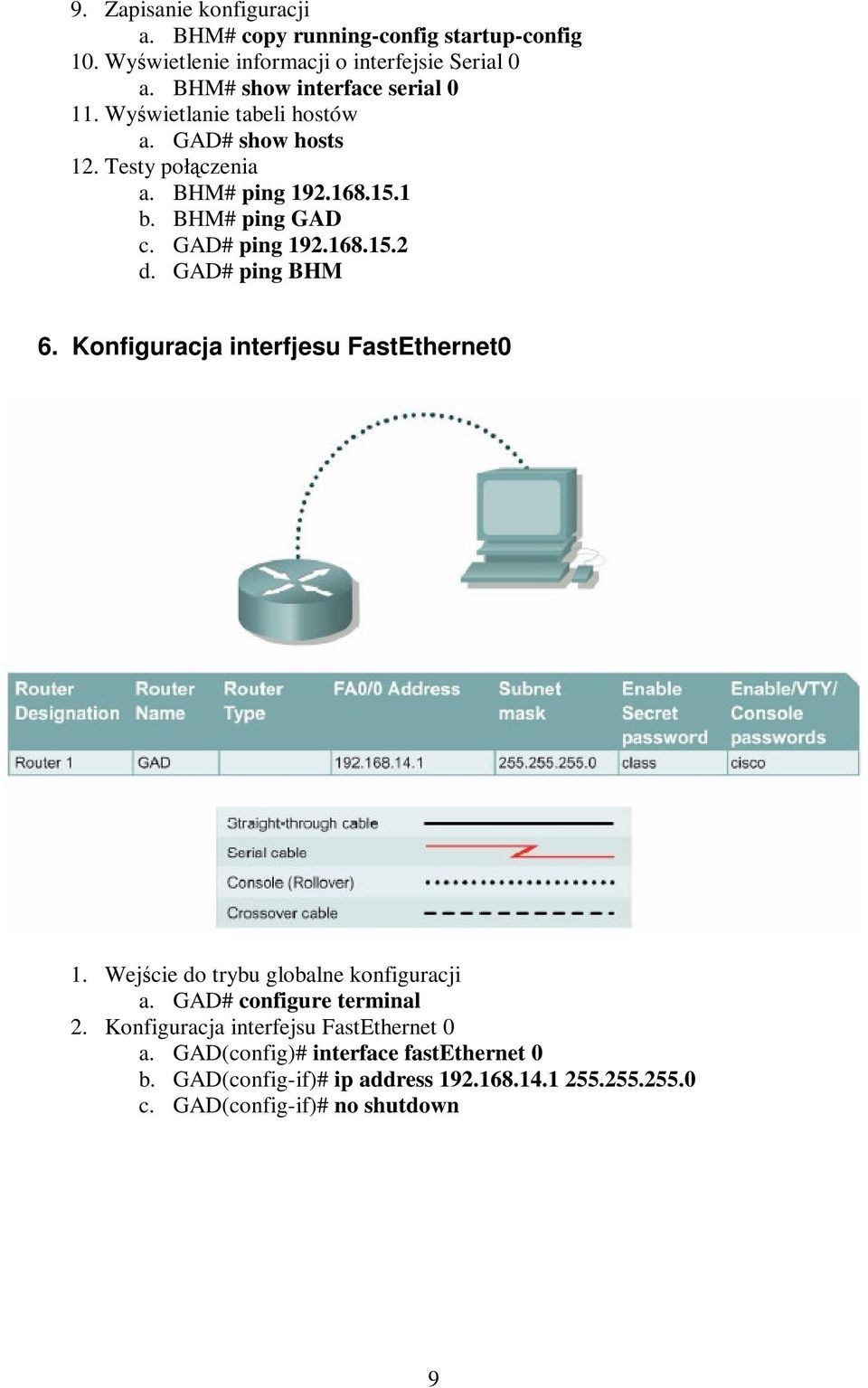 GAD# ping 192.168.15.2 d. GAD# ping BHM 6. Konfiguracja interfjesu FastEthernet0 1. Wejcie do trybu globalne konfiguracji a.