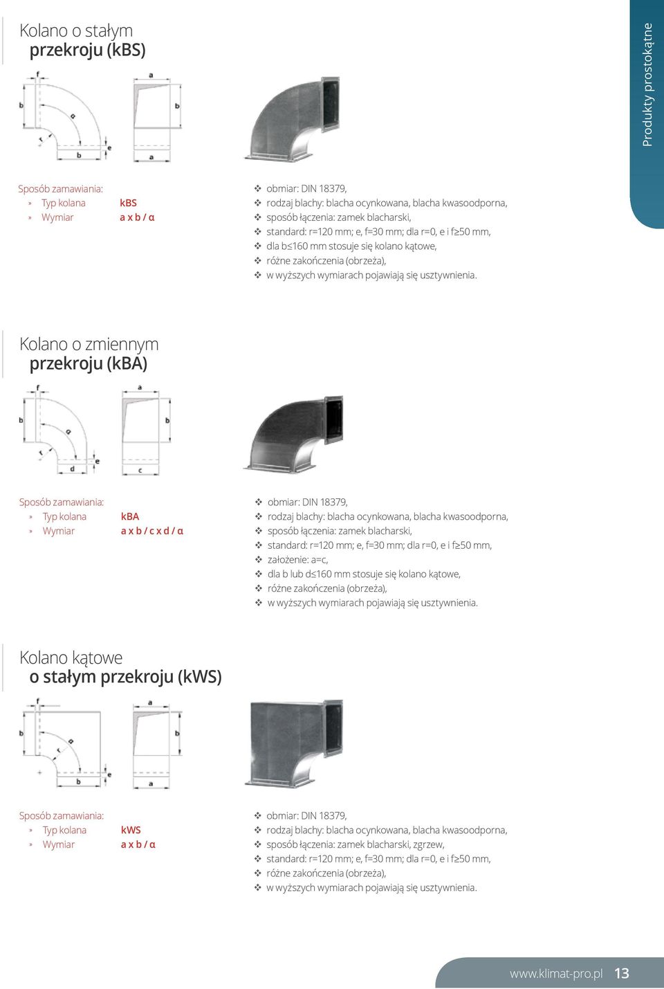 Kolano o zmiennym przekroju (kba) Typ kolana kba Wymiar a x b / c x d / α obmiar: DIN 18379, sposób łączenia: zamek blacharski, standard: r=120 mm; e, f=30 mm; dla r=0, e i f 50 mm, założenie: a=c,