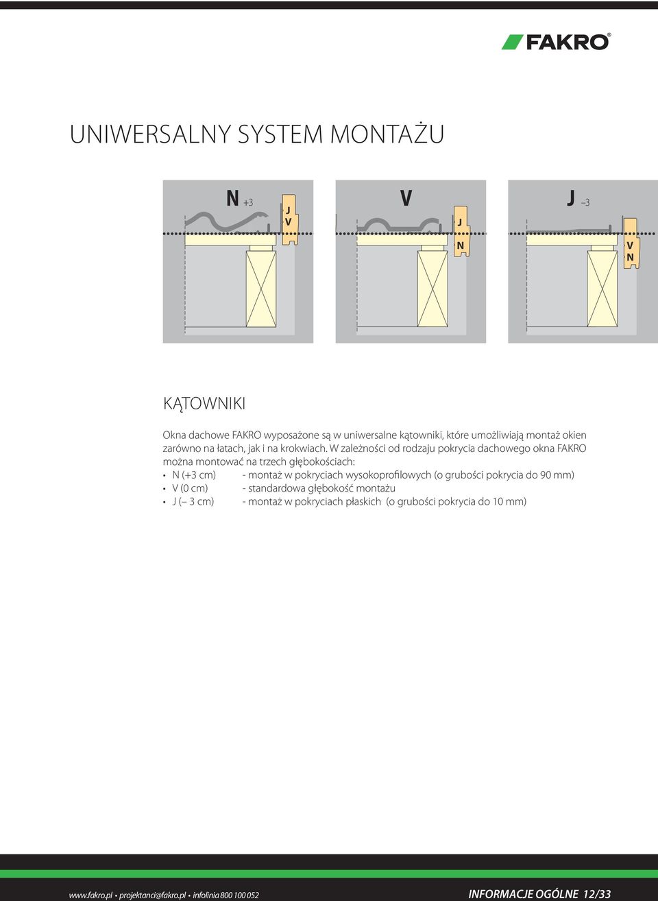 W zależności od rodzaju pokrycia dachowego okna FAKRO można montować na trzech głębokościach: N (+3 cm) - montaż w pokryciach wysokoprofilowych