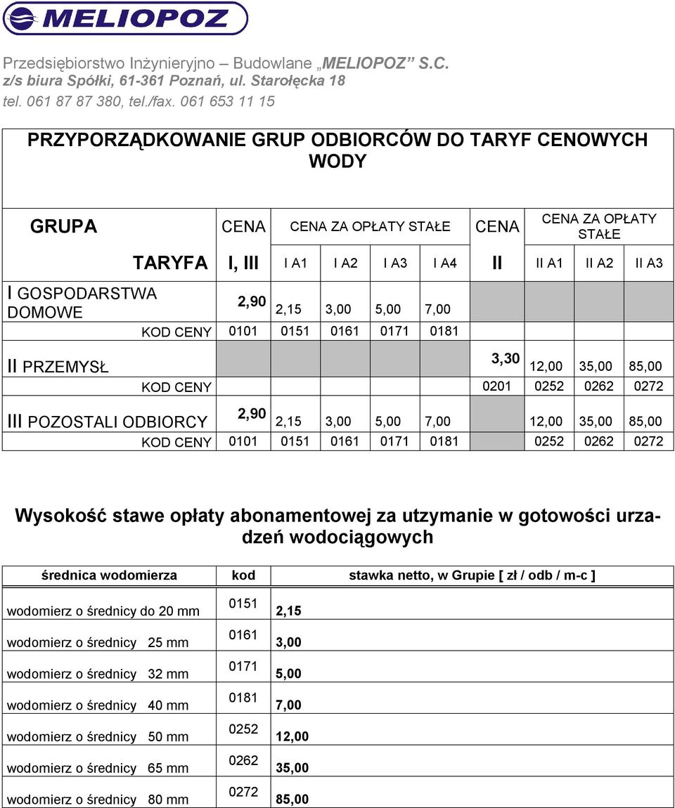 0151 0161 0171 0181 0252 0262 0272 Wysokość stawe opłaty abonamentowej za utzymanie w gotowości urzadzeń wodociągowych średnica wodomierza kod stawka netto, w Grupie [ zł / odb / m-c ] wodomierz o