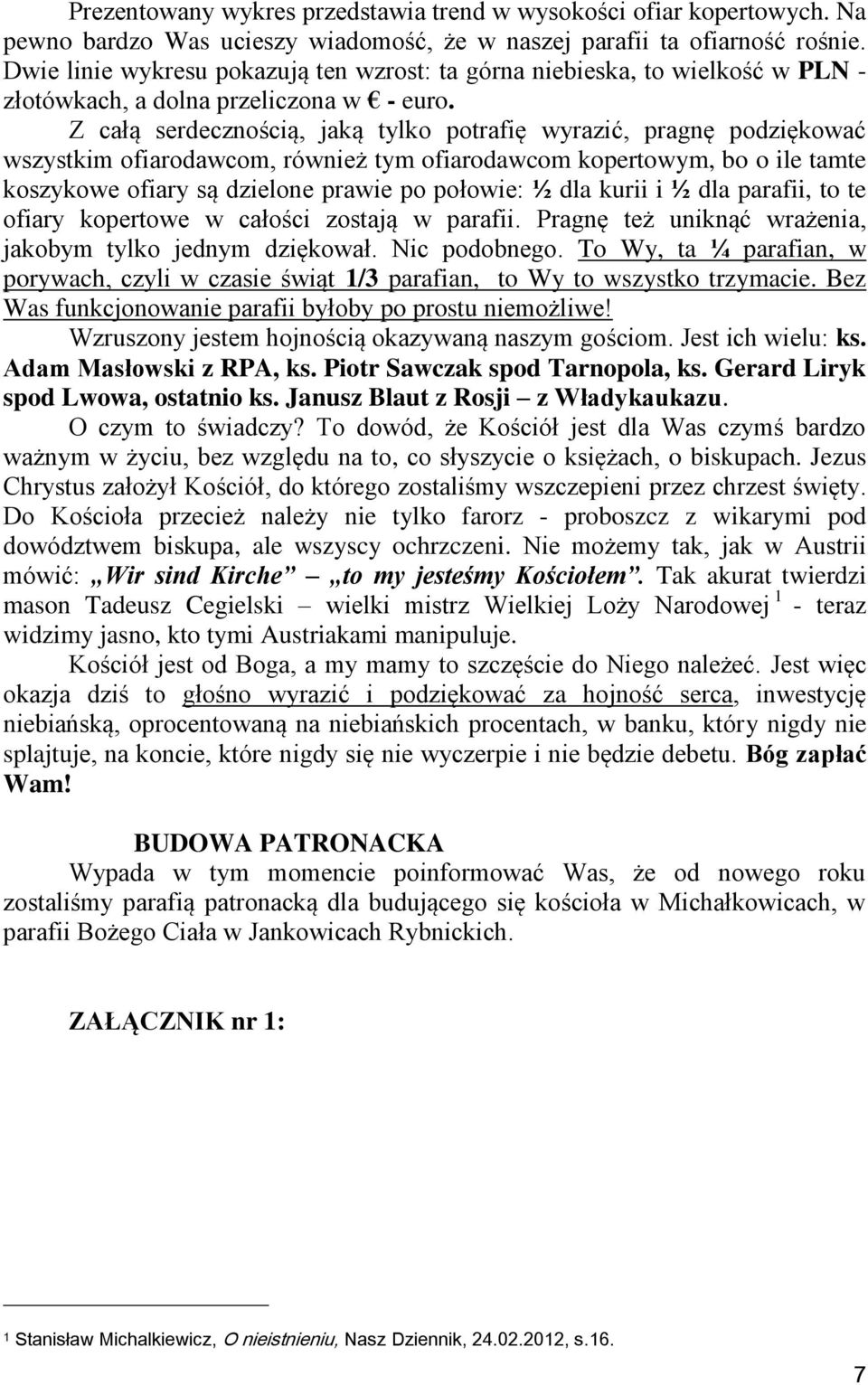 Z całą serdecznością, jaką tylko potrafię wyrazić, pragnę podziękować wszystkim ofiarodawcom, również tym ofiarodawcom kopertowym, bo o ile tamte koszykowe ofiary są dzielone prawie po połowie: ½ dla