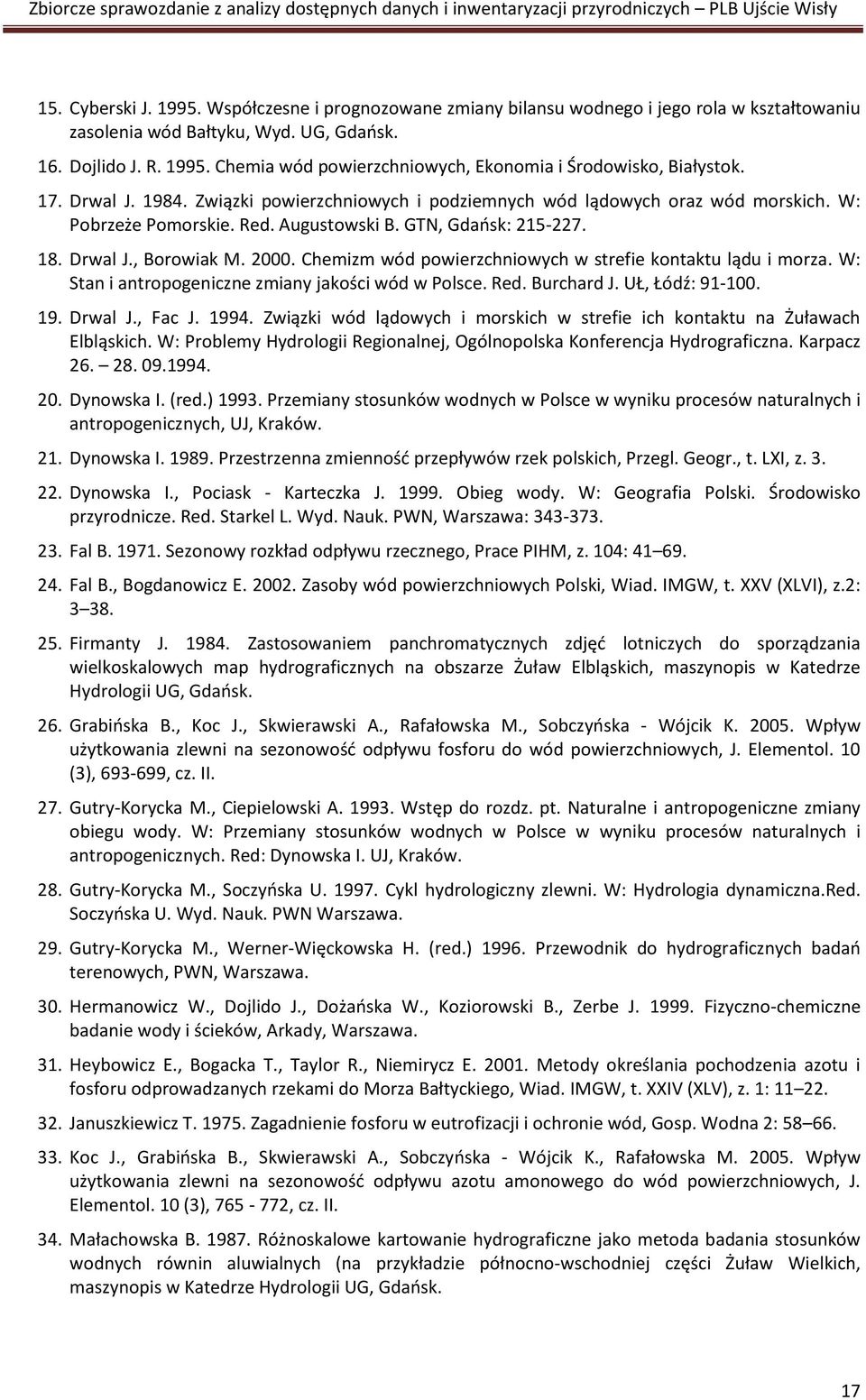 Chemizm wód powierzchniowych w strefie kontaktu lądu i morza. W: Stan i antropogeniczne zmiany jakości wód w Polsce. Red. Burchard J. UŁ, Łódź: 91-100. 19. Drwal J., Fac J. 1994.