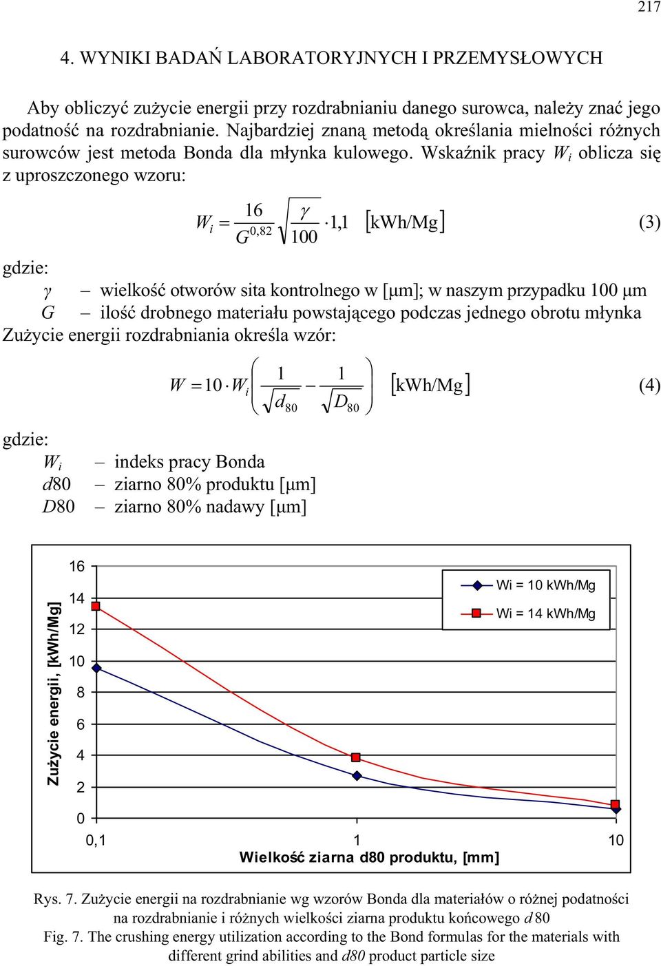 Wskaźnik pracy W i oblicza się z uproszczonego wzoru: 16 W i 1,1 kwh/mg (3) 0,82 G 100 gdzie: γ wielkość otworów sita kontrolnego w [μm]; w naszym przypadku 100 μm G ilość drobnego materiału