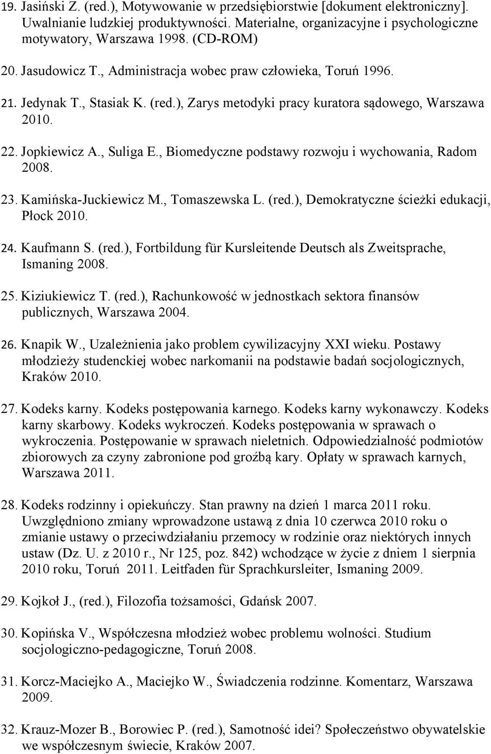 , Biomedyczne podstawy rozwoju i wychowania, Radom 2008. 23. Kamińska-Juckiewicz M., Tomaszewska L. (red.), Demokratyczne ścieżki edukacji, Płock 2010. 24. Kaufmann S. (red.), Fortbildung für Kursleitende Deutsch als Zweitsprache, 25.