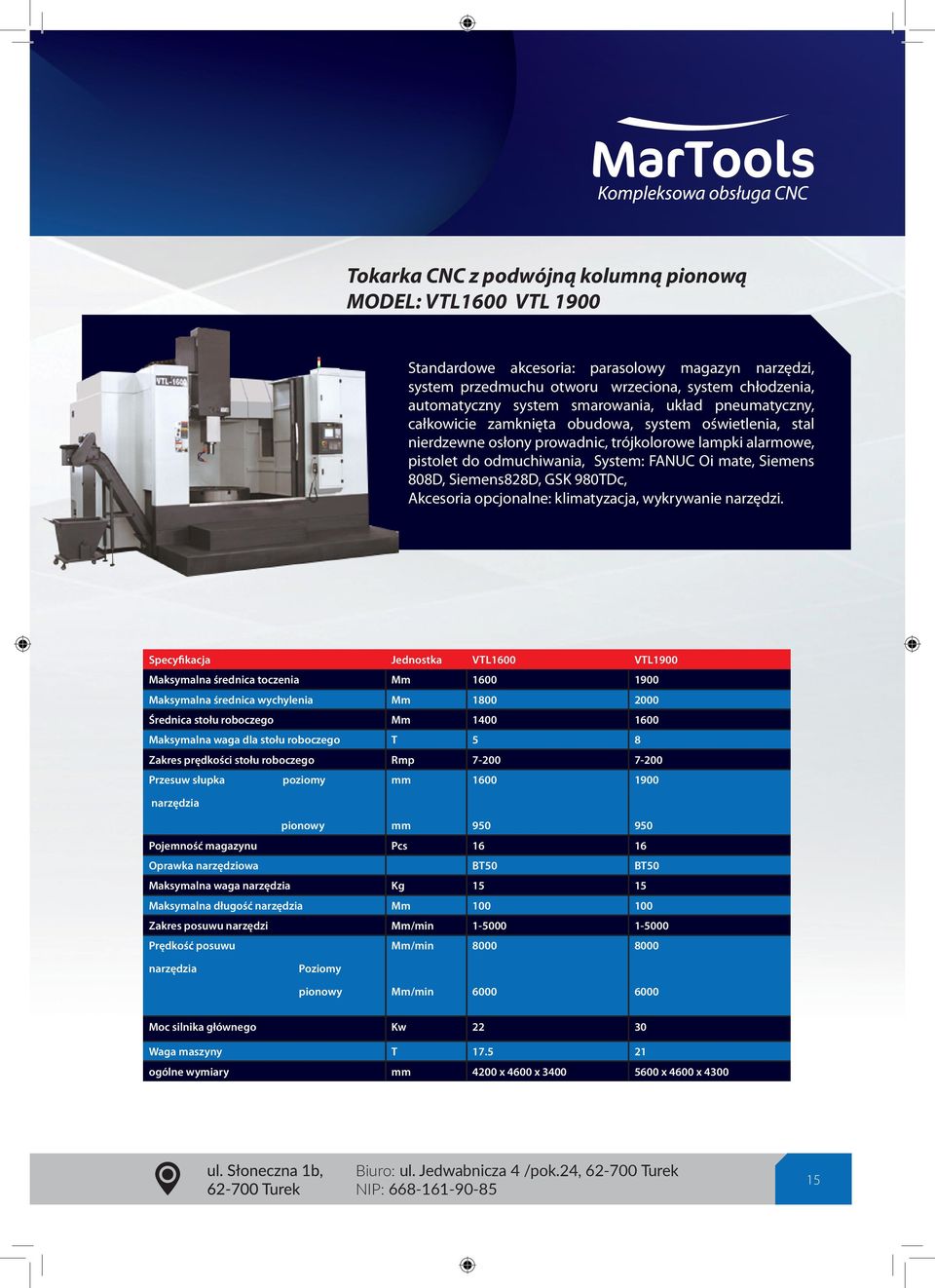 Siemens 808D, Siemens828D, GSK 980TDc, Akcesoria opcjonalne: klimatyzacja, wykrywanie narzędzi.