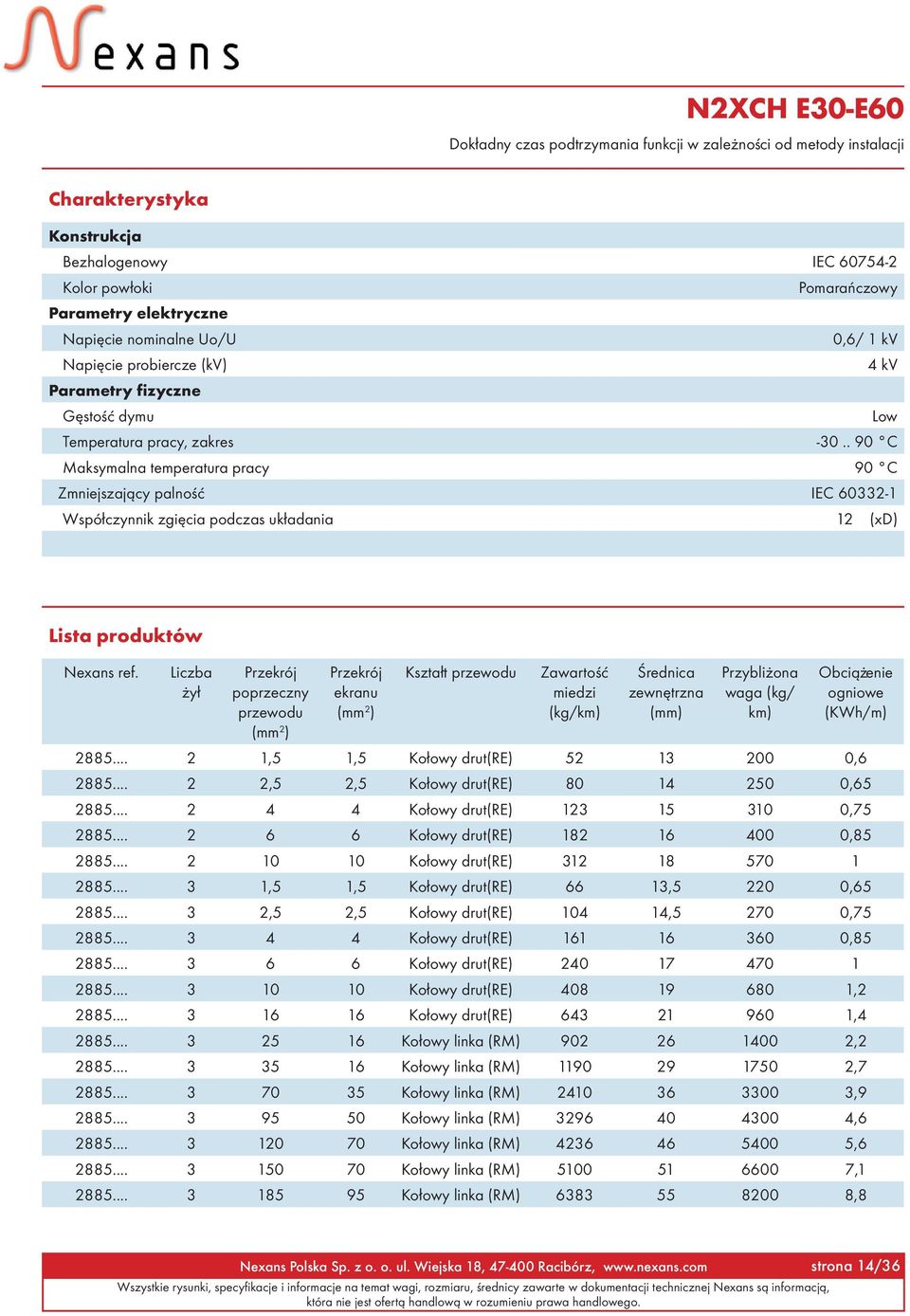 . 90 C Maksymalna temperatura pracy 90 C Zmniejszaj¹cy palnoœæ IEC 60332-1 Wspó³czynnik zgiêcia podczas uk³adania 12 (xd) Lista produktów Nexans ref.