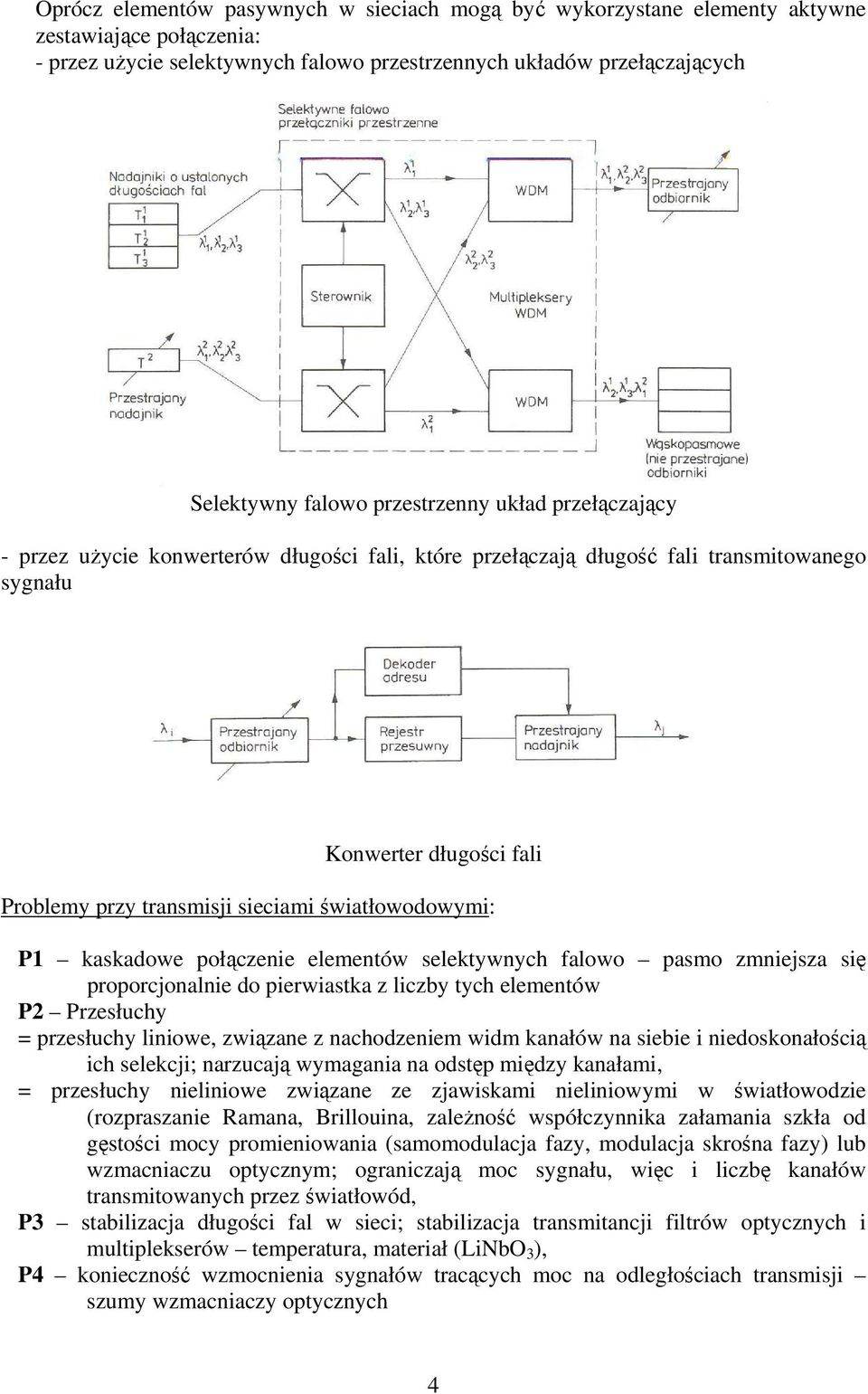 światłowodowymi: P1 kaskadowe połączenie elementów selektywnych falowo pasmo zmniejsza się proporcjonalnie do pierwiastka z liczby tych elementów P2 Przesłuchy = przesłuchy liniowe, związane z