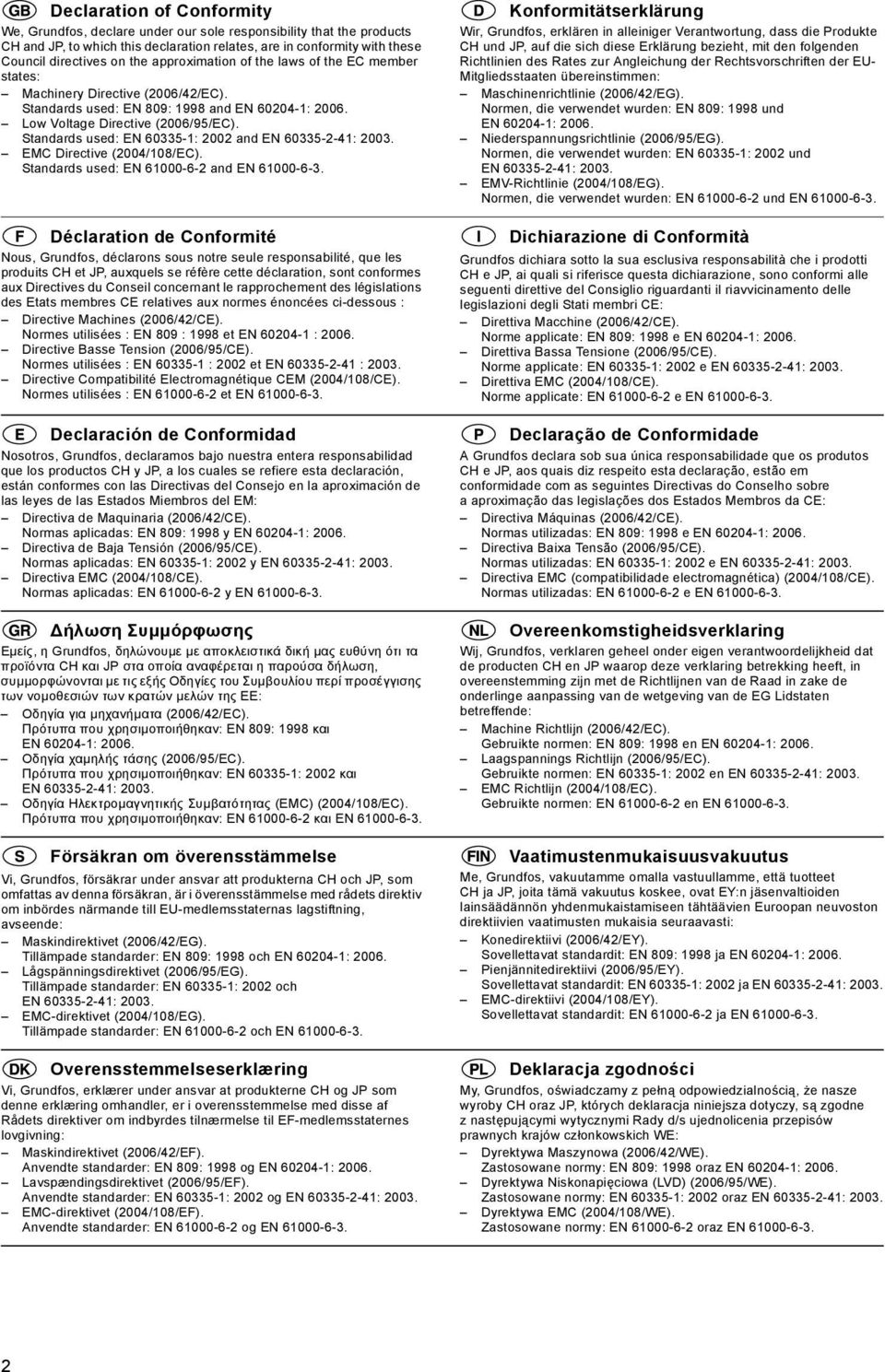 Standards used: EN 60335-1: 2002 and EN 60335-2-41: 2003. EMC Directive (2004/108/EC). Standards used: EN 61000-6-2 and EN 61000-6-3.