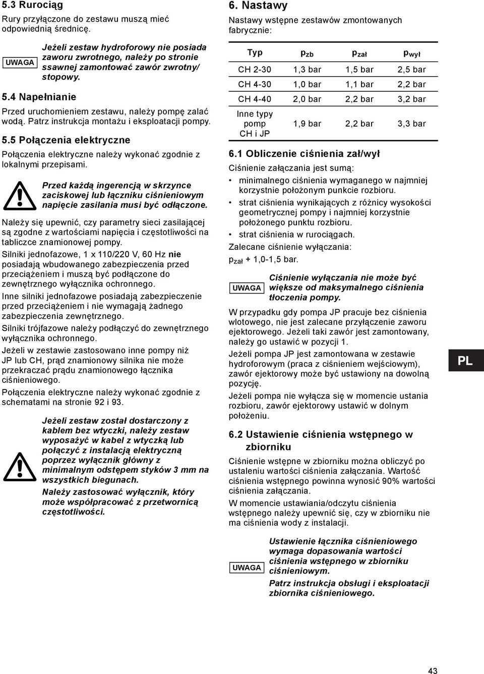 Patrz instrukcja montażu i eksploatacji pompy. 5.5 Połączenia elektryczne Połączenia elektryczne należy wykonać zgodnie z lokalnymi przepisami.