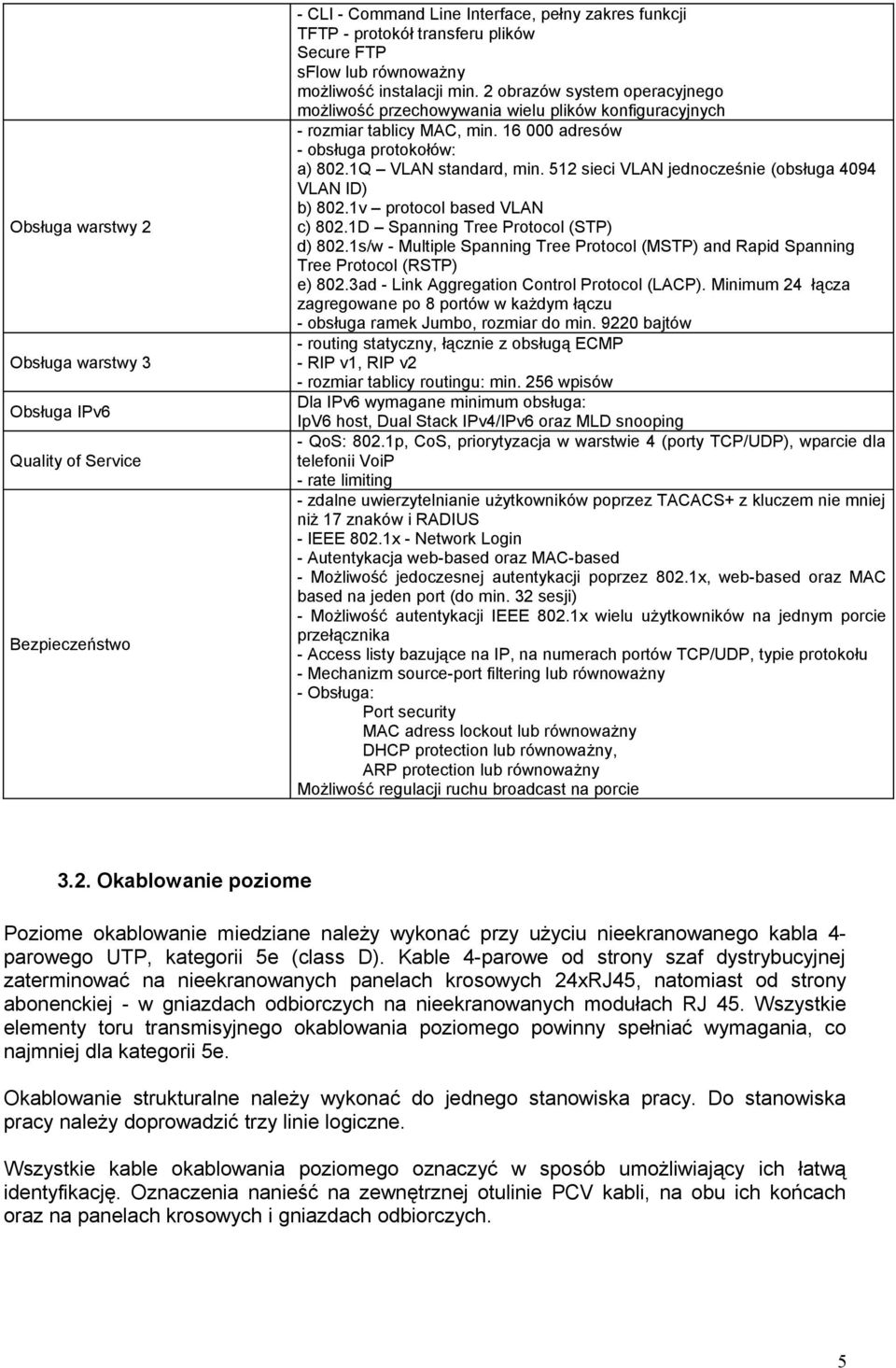 1Q VLAN standard, min. 512 sieci VLAN jednocześnie (obsługa 4094 VLAN ID) b) 802.1v protocol based VLAN c) 802.1D Spanning Tree Protocol (STP) d) 802.