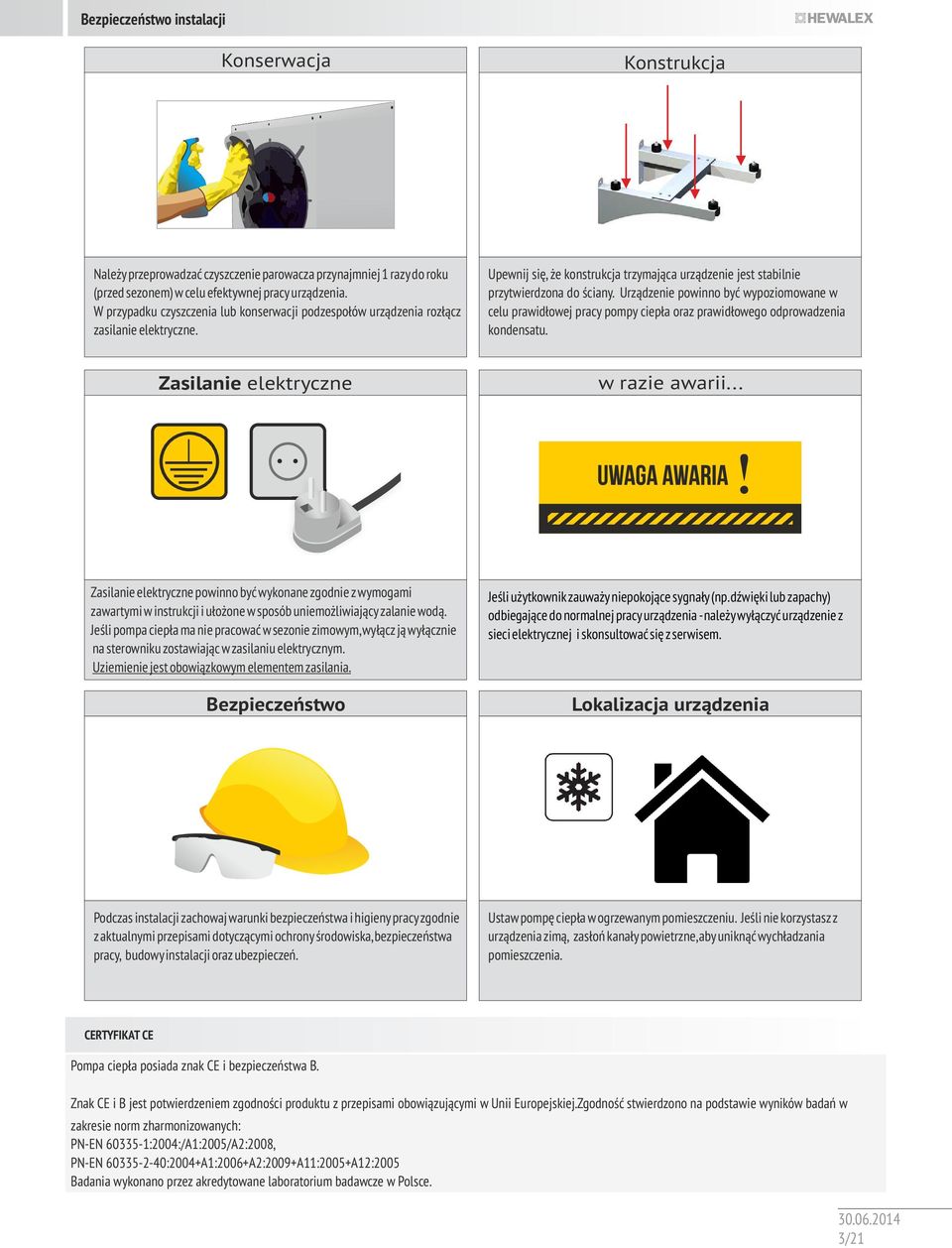 Urządzenie powinno być wypoziomowane w celu prawidłowej pracy pompy ciepła oraz prawidłowego odprowadzenia kondensatu. Zasilanie elektryczne w razie awarii.