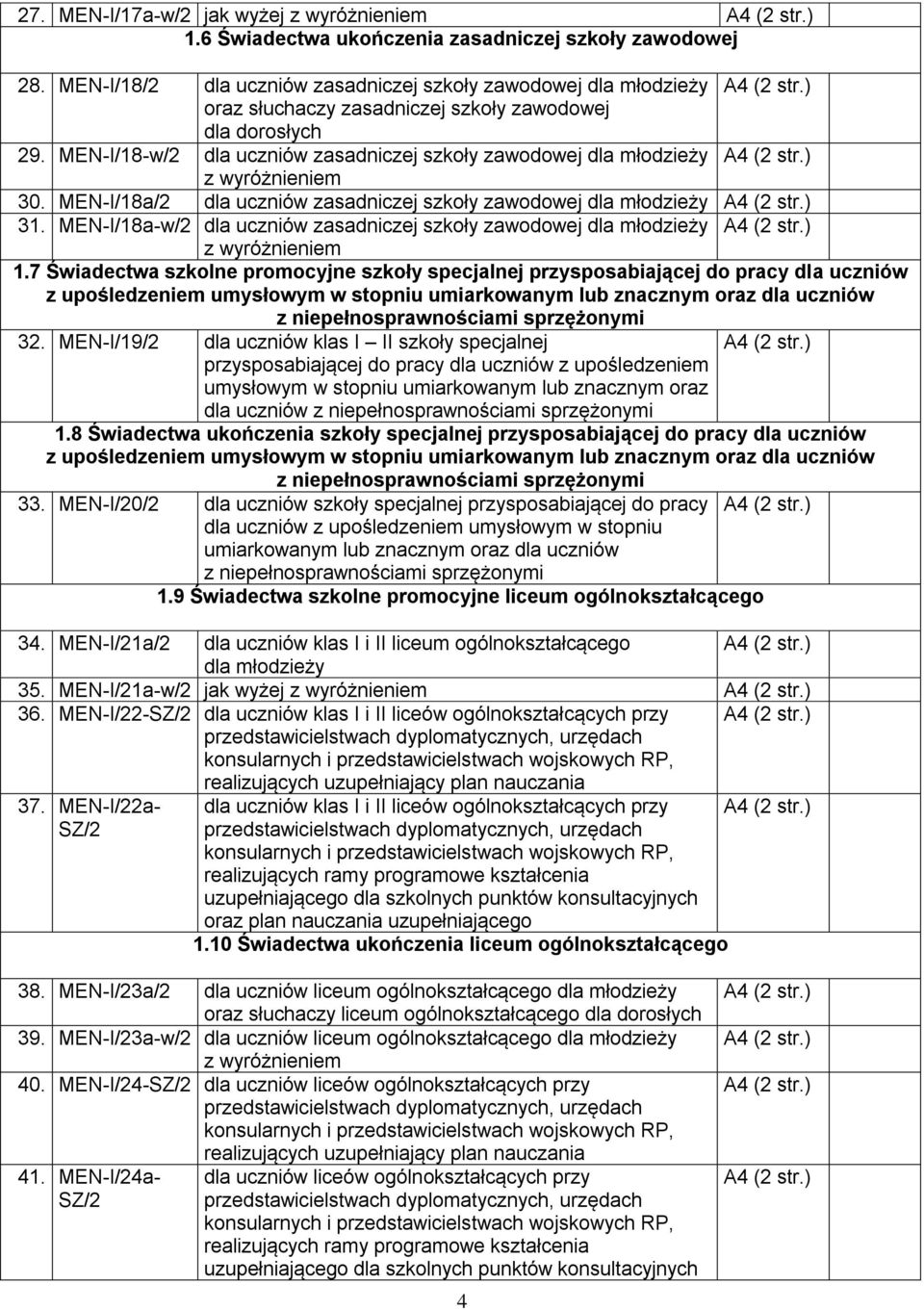 MEN-I/18-w/2 dla uczniów zasadniczej szkoły zawodowej dla młodzieży z wyróżnieniem 30. MEN-I/18a/2 dla uczniów zasadniczej szkoły zawodowej dla młodzieży 31.