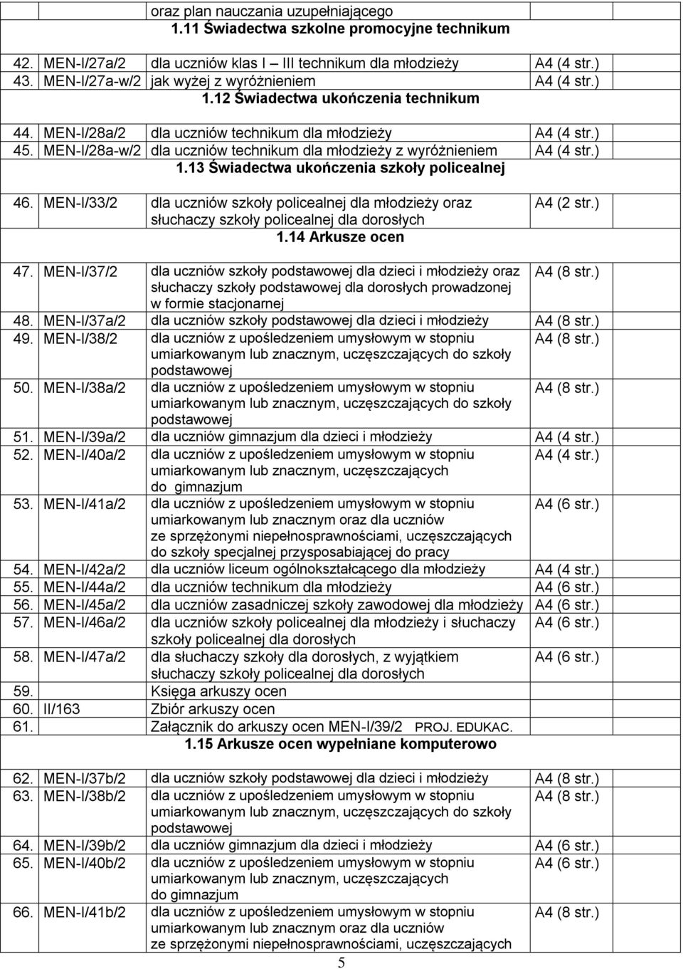 MEN-I/28a-w/2 dla uczniów technikum dla młodzieży z wyróżnieniem (4 str.) 1.13 Świadectwa ukończenia szkoły policealnej 46.