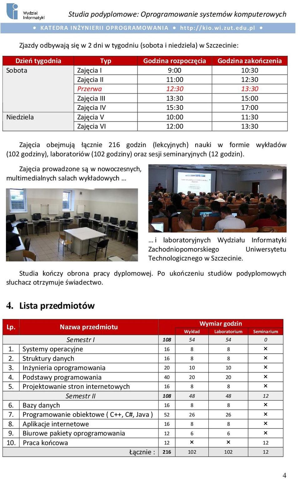 laboratoriów (102 godziny) oraz sesji seminaryjnych (12 godzin).