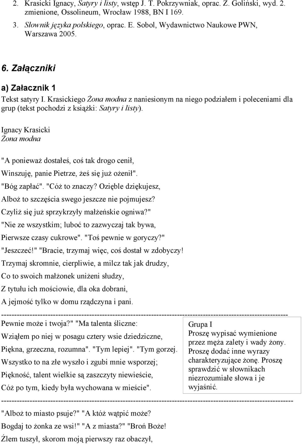 Krasickiego Żona modna z naniesionym na niego podziałem i poleceniami dla grup (tekst pochodzi z książki: Satyry i listy).