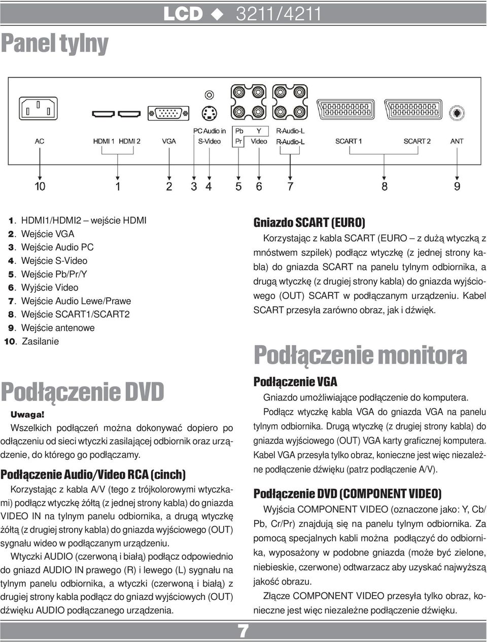 Podłączenie Audio/Video RCA (cinch) Korzystając z kabla A/V (tego z trójkolorowymi wtyczkami) podłącz wtyczkę żółtą (z jednej strony kabla) do gniazda VIDEO IN na tylnym panelu odbiornika, a drugą