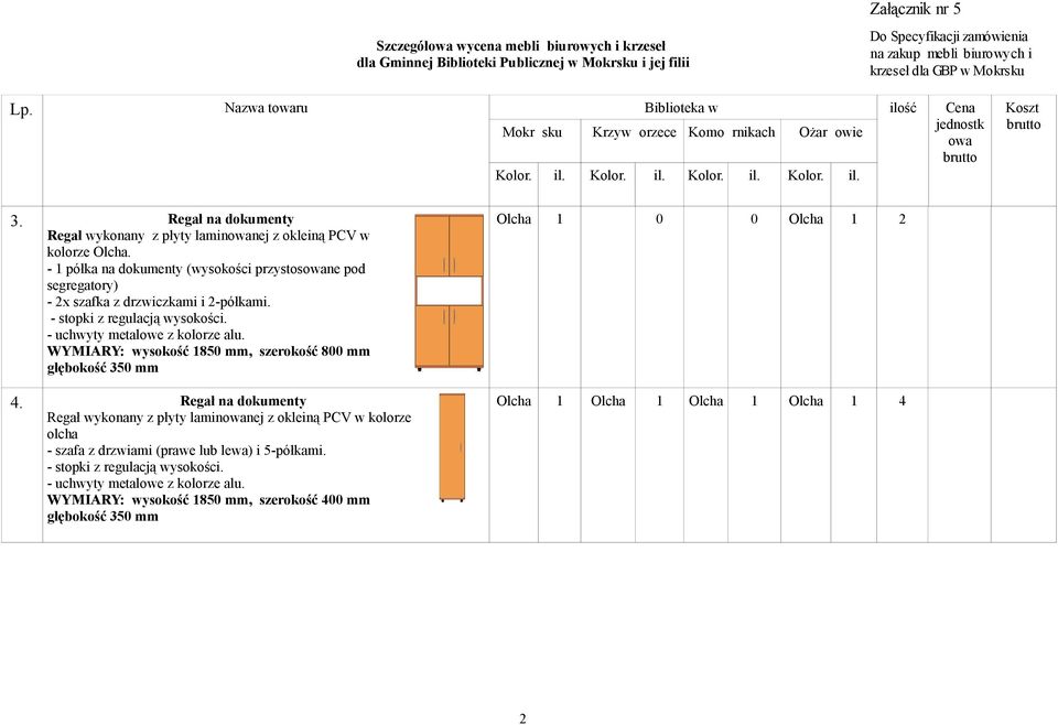 - 1 półka na dokumenty (wysokości przystosne pod segregatory) - 2x szafka z drzwiczkami i 2-półkami.