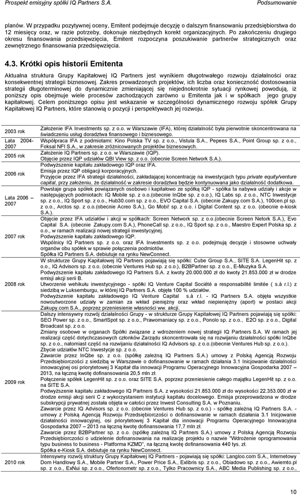 Krótki opis historii Emitenta Aktualna struktura Grupy Kapitałowej IQ Partners jest wynikiem długotrwałego rozwoju działalności oraz konsekwentnej strategii biznesowej.