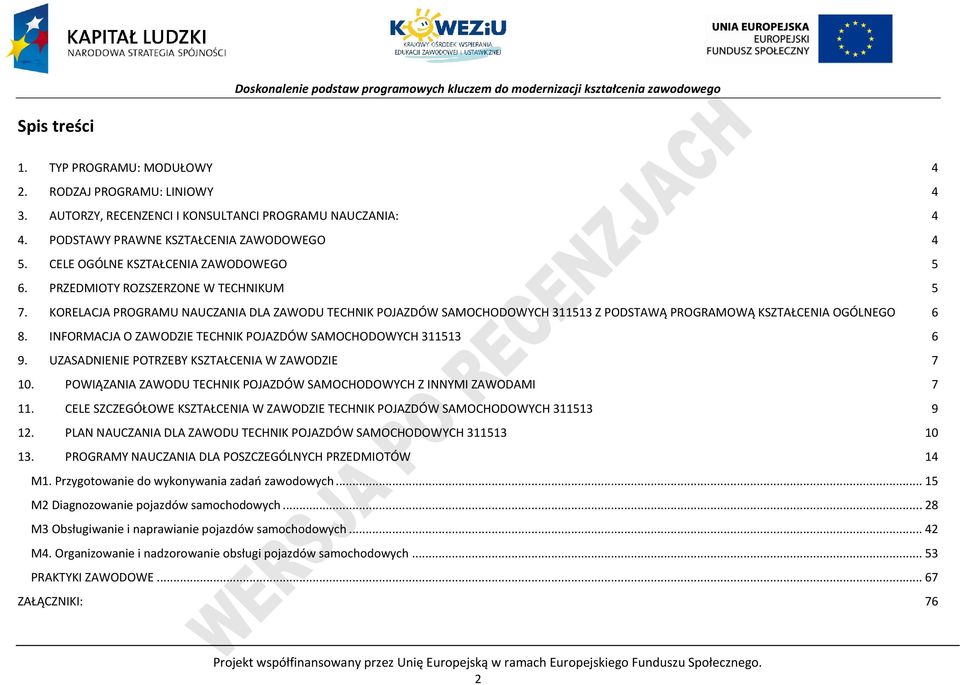 KORELACJA PROGRAMU NAUCZANIA DLA ZAWODU TECHNIK POJAZDÓW SAMOCHODOWYCH 311513 Z PODSTAWĄ PROGRAMOWĄ KSZTAŁCENIA OGÓLNEGO 6 8. INFORMACJA O ZAWODZIE TECHNIK POJAZDÓW SAMOCHODOWYCH 311513 6 9.